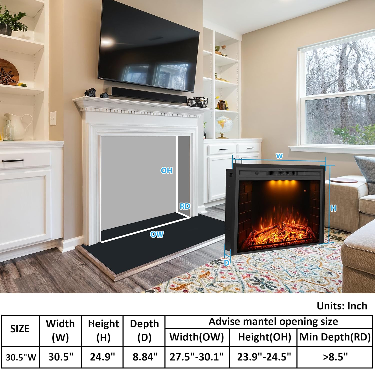 30 inch Electric Fireplace, Wall Fireplace Electric with Remote Control, Realistic Log and Crackling Sound, Overheating Protection and Timer, 750/1500W Black