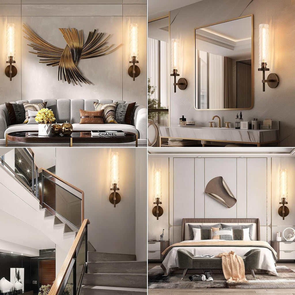 19.5' Knurled Brass Wall Sconces Set of 2, Bronze Bathroom Vanity Light Fixtures with Water Ripples Glass Tube, Modern Lamp Lighting for Bedroom, Living Room, Hallway, Staircase, Mirror, Kitchen