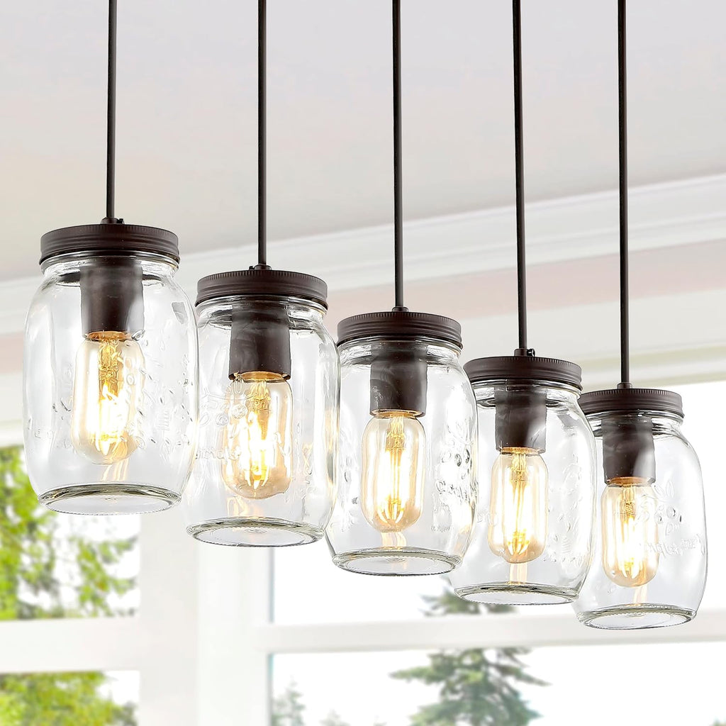 JONATHAN Y 33.25' Oil Rubbed Bronze/Clear Farmhouse Industrial Mini Pendant Lighting, Clear Glass Mason Jar Shade, Dimmable Hanging Ceiling Fixture for Kitchen Island Sink, LED Bulb Included JYL7803A