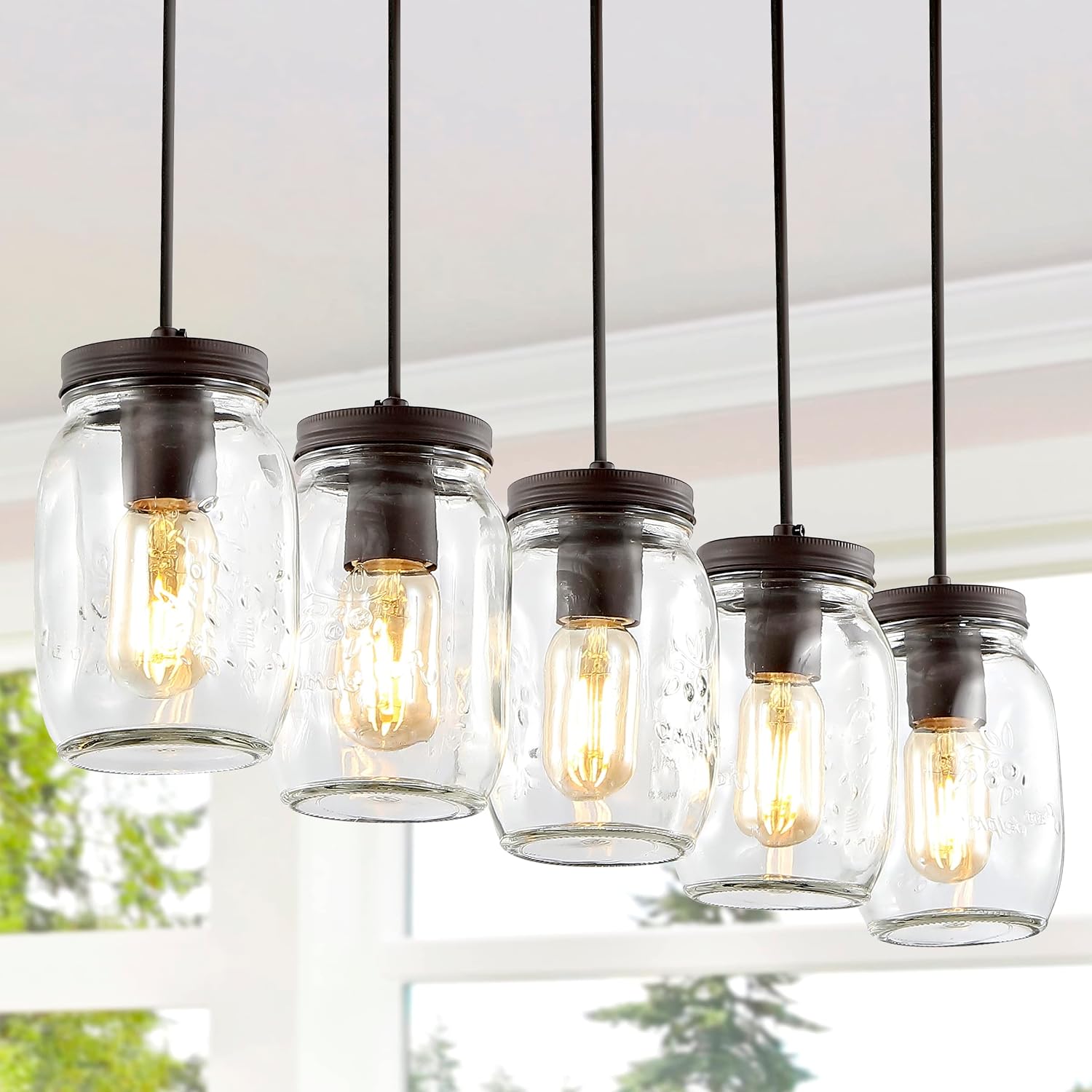 JONATHAN Y 33.25' Oil Rubbed Bronze/Clear Farmhouse Industrial Mini Pendant Lighting, Clear Glass Mason Jar Shade, Dimmable Hanging Ceiling Fixture for Kitchen Island Sink, LED Bulb Included JYL7803A