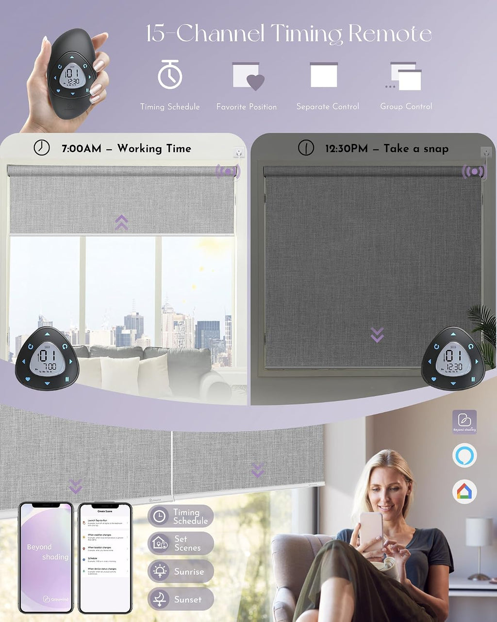 Graywind Smart Blackout Roller Shades Work with Alexa Google WiFi Hardwired Triple Weaved Fabric Motorized Blinds Remote Window Shades, Custom Size (Cloudy Grey)