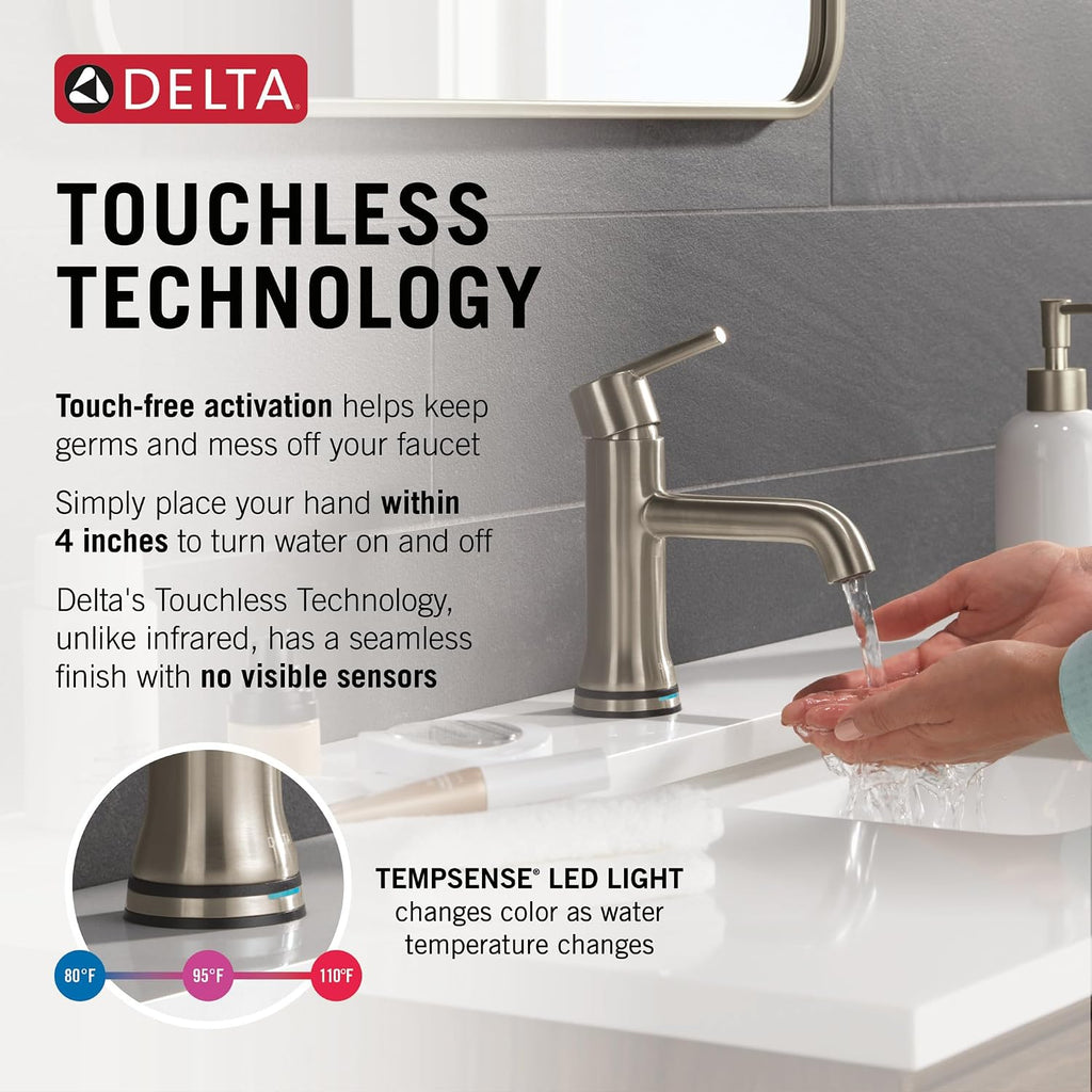 Delta Trinsic Touchless 1-Hole Bathroom Faucet with Touch On Technology, Brushed Nickel Single Hole Bathroom Sink Faucet, Metal Push-Pop Drain Assembly, Stainless 559TLF-SSMPU