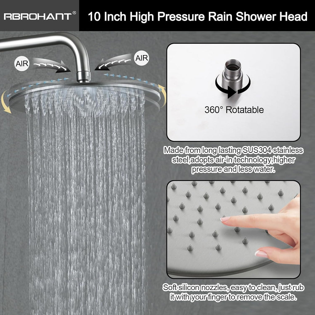 RBROHANT Exposed Shower System with Tub Spout, Brushed Nickel Exposed Pipe Shower Faucet with 3 Functions Brass Shower Valve, Shower Height Adjustable, Wall Mounted