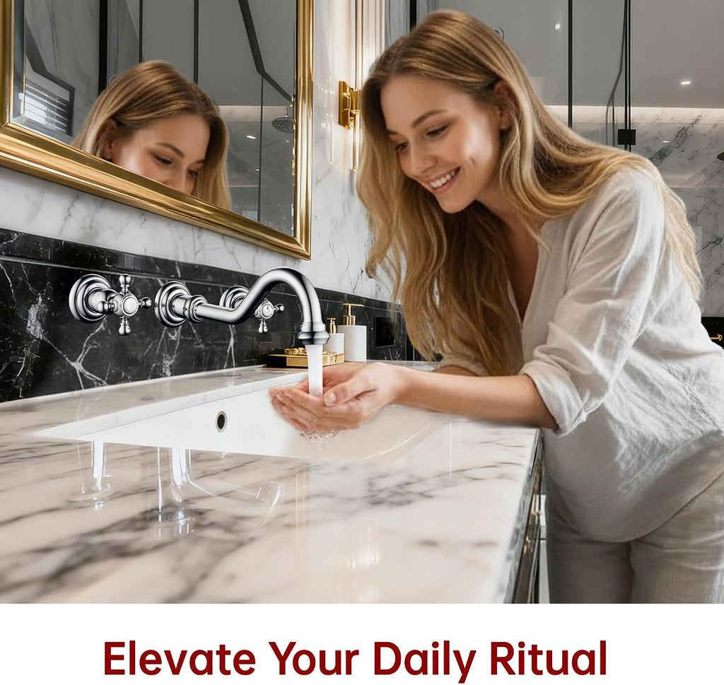 SUMERAIN Wall Mount Vintage Bathroom Vessel Sink Faucet,3 Holes Cross Knobs Brass Lavatory Basin Faucet, Chrome Finish with Included Rough-in Valve