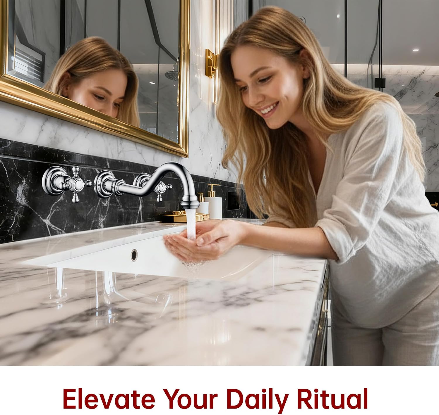 SUMERAIN Wall Mount Vintage Bathroom Vessel Sink Faucet,3 Holes Cross Knobs Brass Lavatory Basin Faucet, Chrome Finish with Included Rough-in Valve