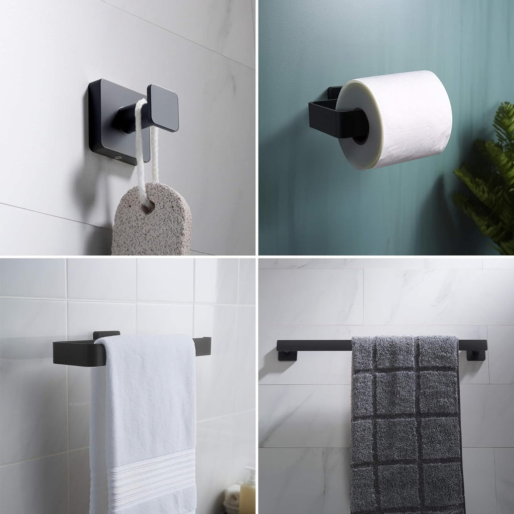 KIBI Blaze Bathroom Hardware Set 4 Piece Bathroom Accessories Set | Towel Bar (19'), Towel Holder, Toilet Paper Holders, Robe Hook (Matte Black) (KBA16-4-2)