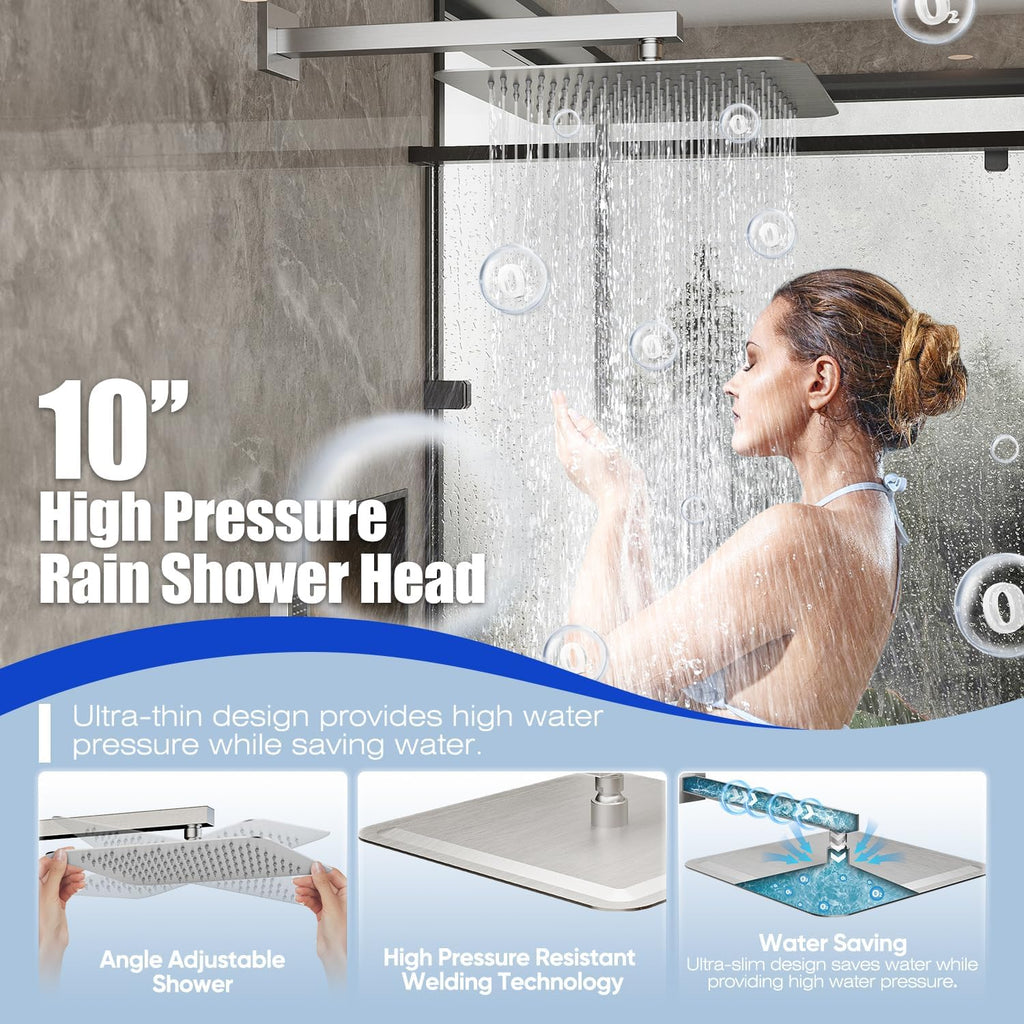 Gabrylly Shower System Brushed Nickel, Rain Shower head with handheld Shower Spray Combo, Rainfall Shower Faucet Set Complete, High Pressure 10' Stainless Steel Shower Valve Set