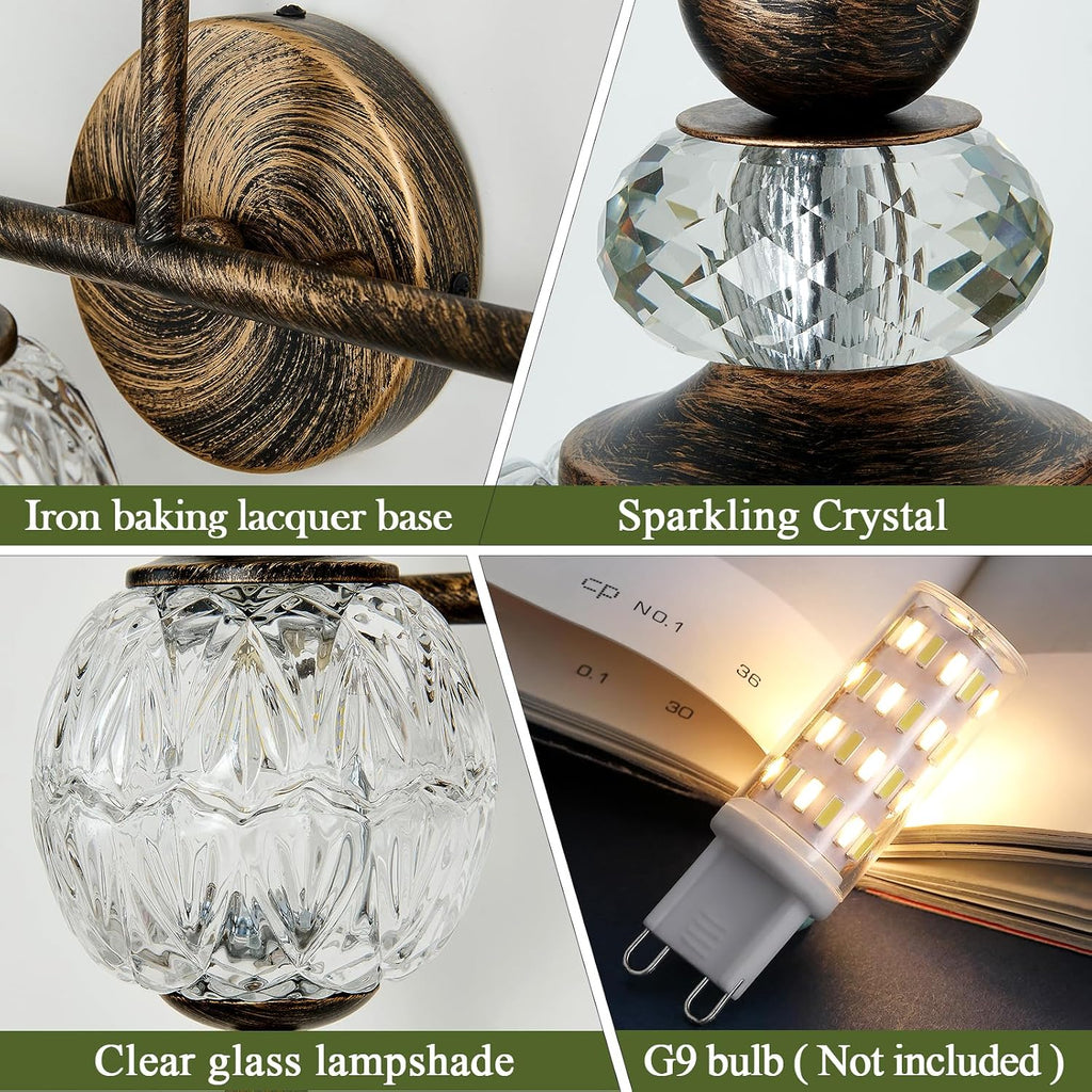 Piepooye Vintage Bathroom Light Fixtures Bronze Vanity Light with Glass Globe LampShade 3 Lights Mid Century G9 Bulb Wall Sconce Indoor Vanity Light Over Mirror for Bedroom Farmhouse Hallway