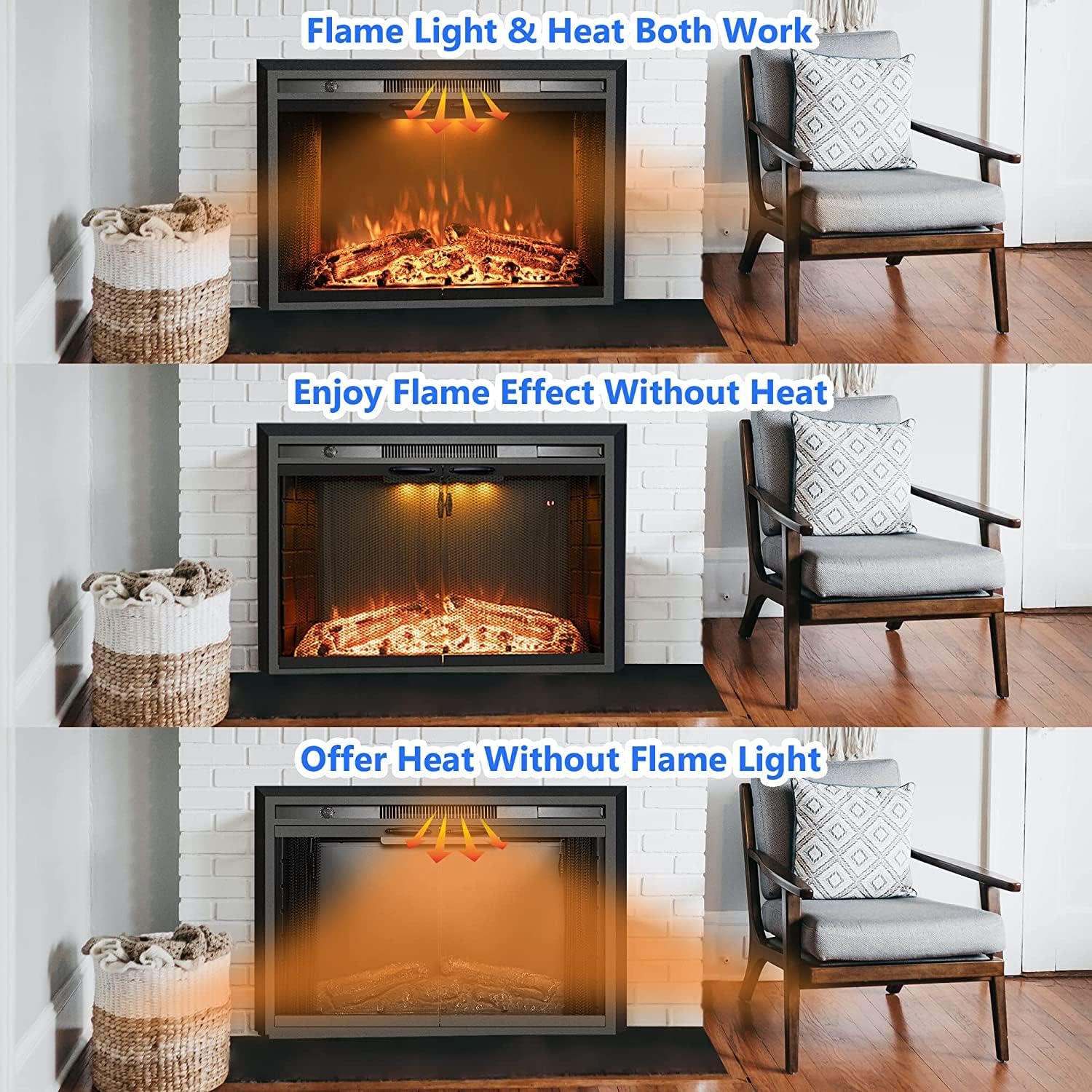 25.4 Inches Electric Fireplace Insert, 750W/1500W Fireplace Heater with Adjustable Flame and Top Light Colors, Fire Crackling Sound, Remote Control, Timer, Glass Door & Mesh Screen, Black
