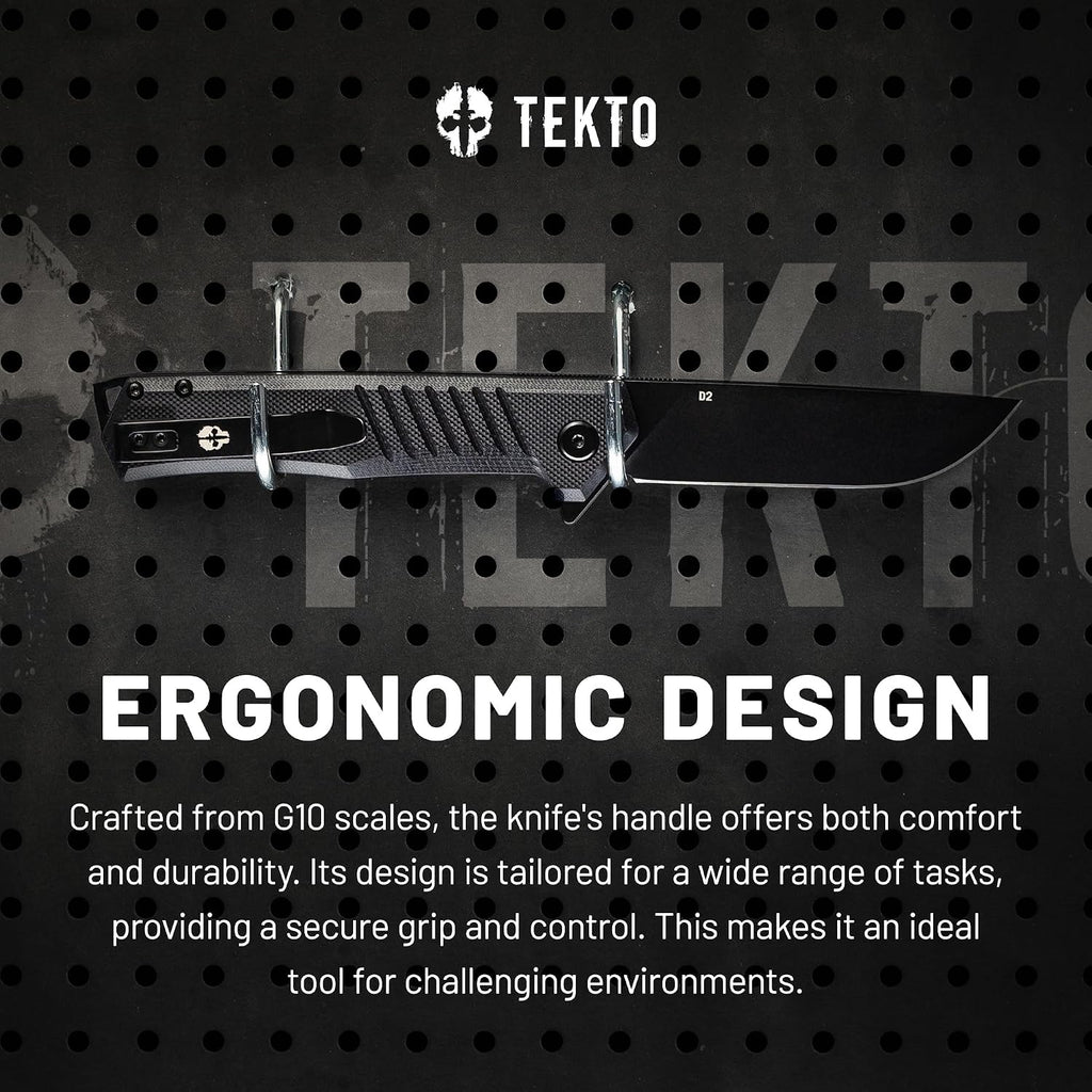 TEKTO F1 Alpha Folding Pocket Knife - Modified Straight Back Blade, Titanium Coated D2 Steel, Tactical Knife, EDC Folding Pocket Knives for Camping, Hunting & Backpacking - G10 Black, Black Accents