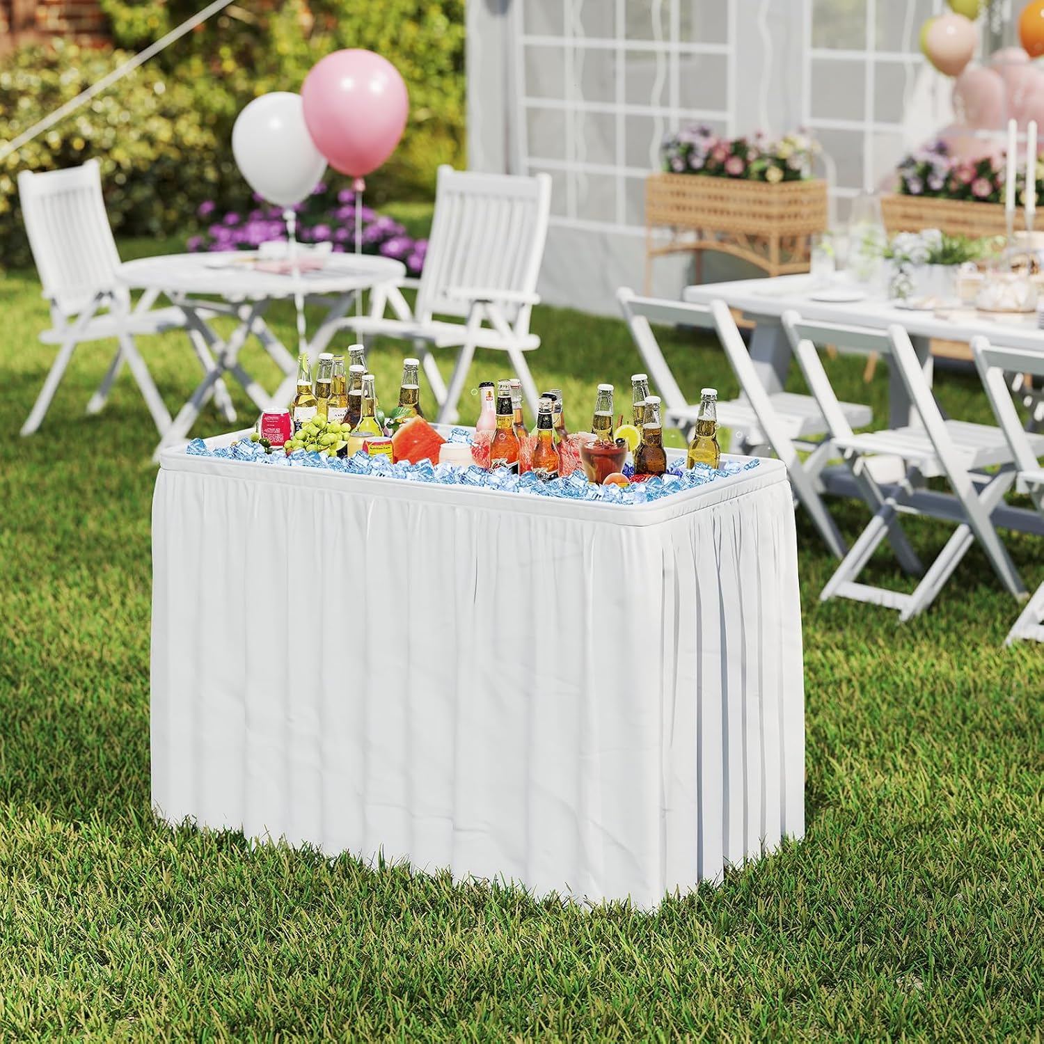 4 Foot Folding Ice Cooler Table, Portable Ice Tables for Parties with Drain, Detachable Matching Skirt & Foldable Bucket, Fill and Chill Table for Party, Picnic, Camping, Wedding, White