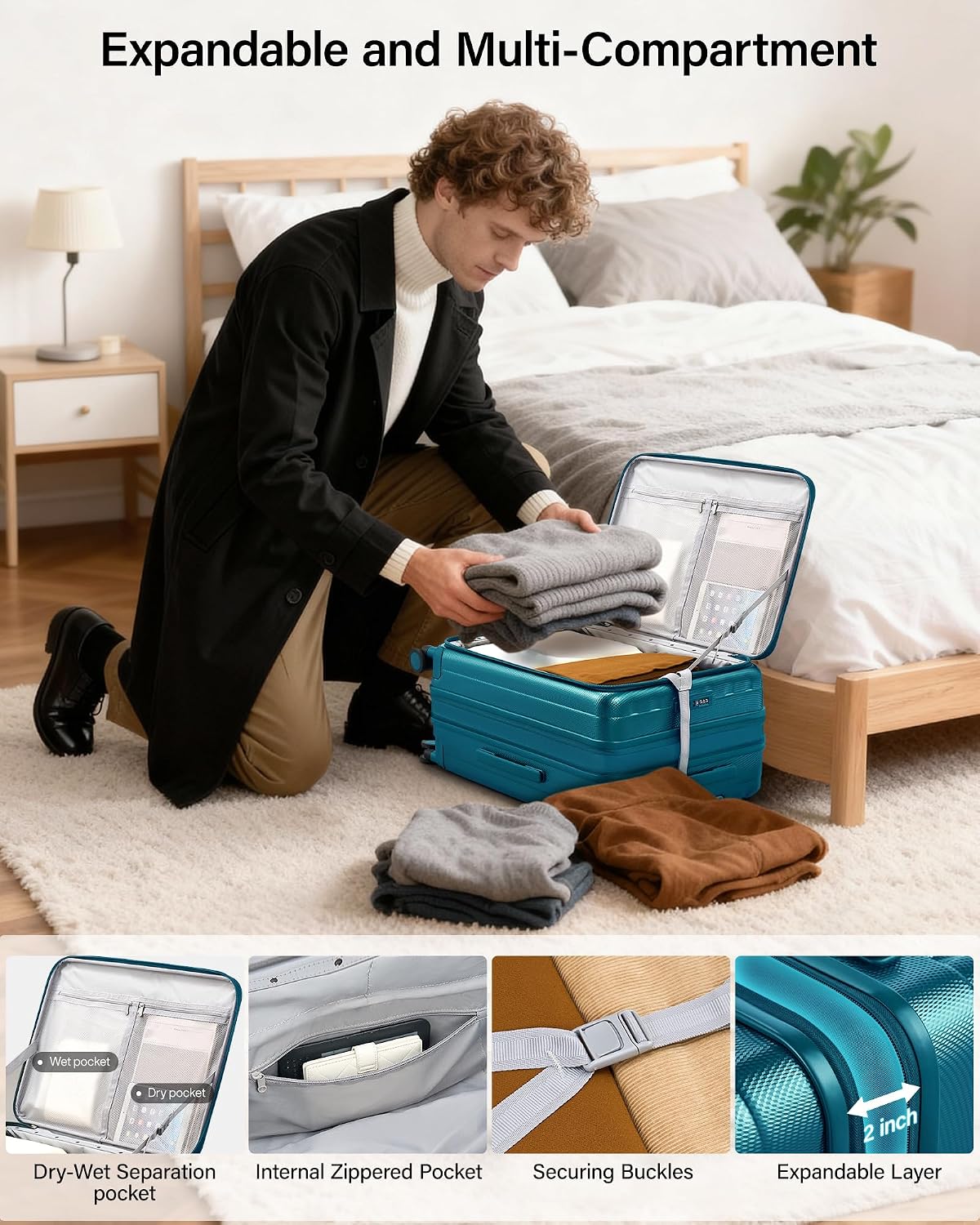 Hanke 24 Inch Expandable Luggage Top Opening Checked Bag Luggage Hard Shell Suitcases with Wheels Lightweight Travel Luggage Medium Suitcase with Lock for Woman Men-Caribbean Blue