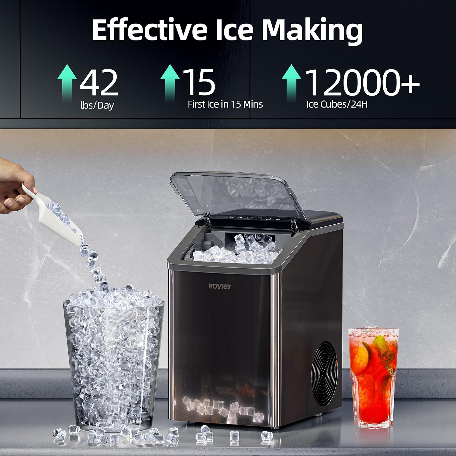 KOVIET Nugget Ice Makers Countertop, Soft Pebble Ice Machine, Chewable Crushed Pellet Ice 42lbs/Day, Self-Cleaning Drainpipe Ice Maker for Party, Home, Kitchen, Bar, Office, Black