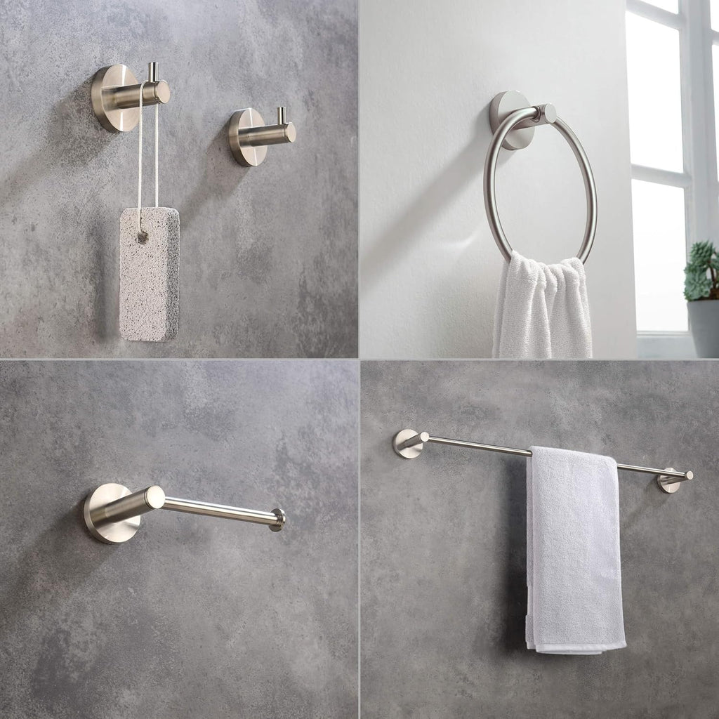 KIBI Circular 5-Piece Bathroom Hardware Set – 24 Inch Towel Bar, Towel Ring, Toilet Paper Holder & 2 Robe Hooks – Wall Mounted Solid Brass Bathroom Accessories – Brushed Nickel