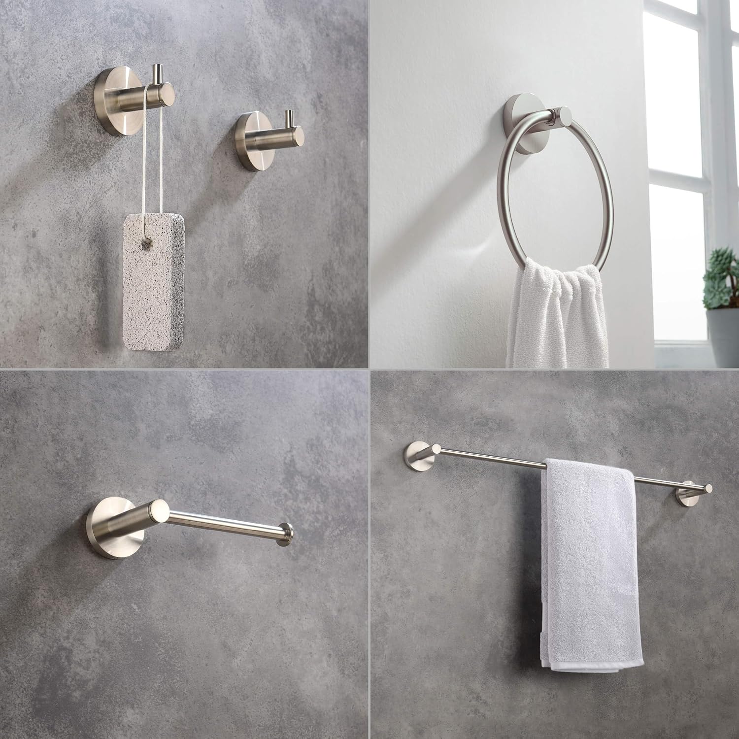 KIBI Circular 5-Piece Bathroom Hardware Set – 24 Inch Towel Bar, Towel Ring, Toilet Paper Holder & 2 Robe Hooks – Wall Mounted Solid Brass Bathroom Accessories – Brushed Nickel
