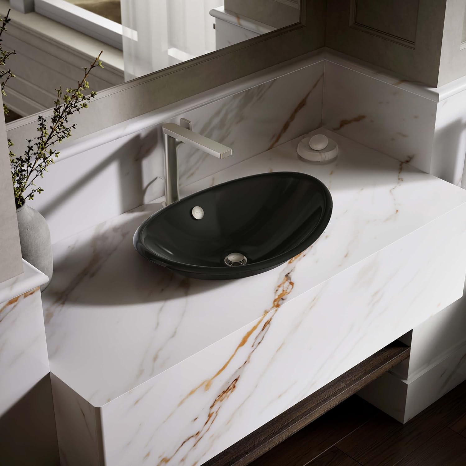 KOHLER K-5403-P5-7 Iron Plains Wading Pool Oval Bathroom Sink with Iron Black Painted Underside, Black Black