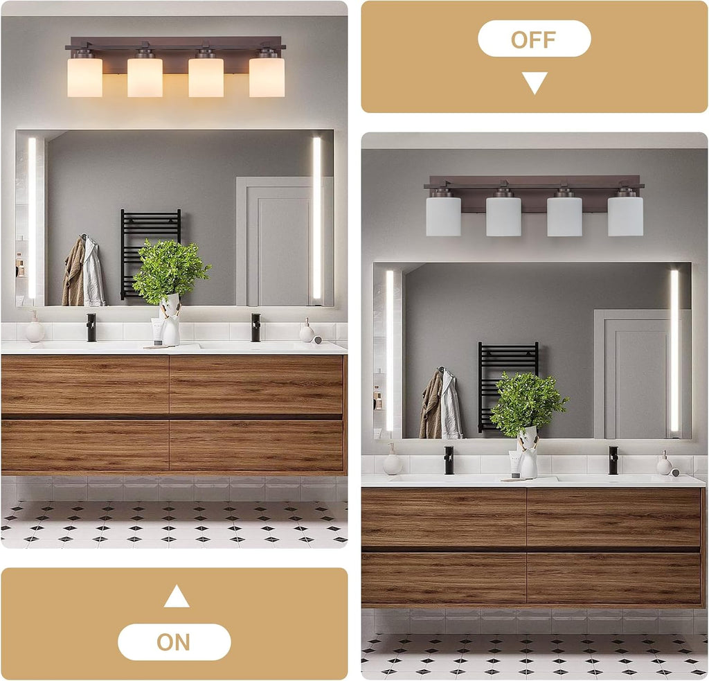Modern Bathroom Light Fixtures Over Mirror, Vanity Lights for Bathroom Wall Sconces with Milky White Glass Shades, E26 Socket (Bulbs Not Included), 4 Light, Oil Rubbed Bronze