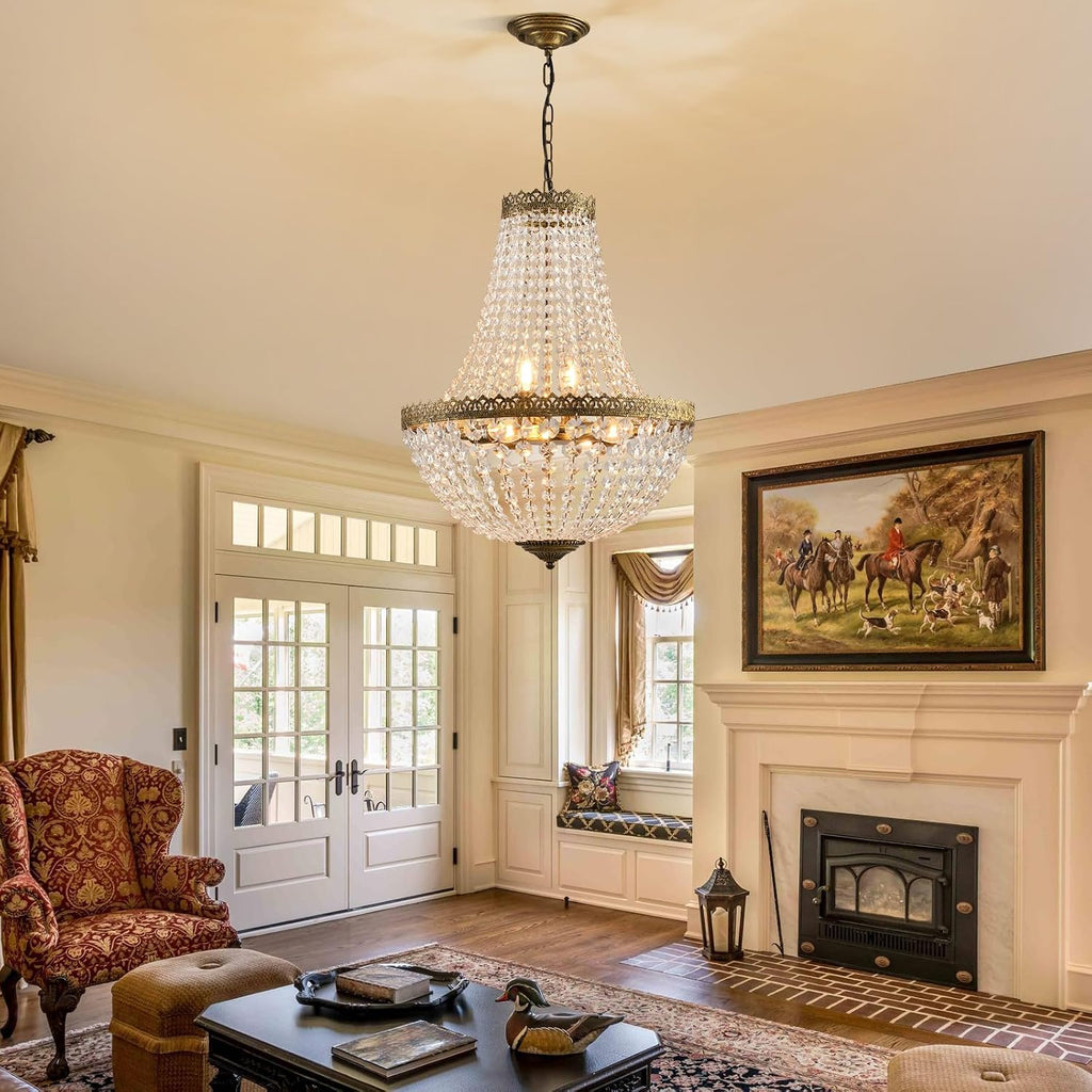 6 Lights French Empire Crystal Chandelier Farmhouse Pendant Lighting, Antique Brass Ceiling Light Fixture for Dining Room Bedroom Foyer Living Room, W18.5 x H25.6