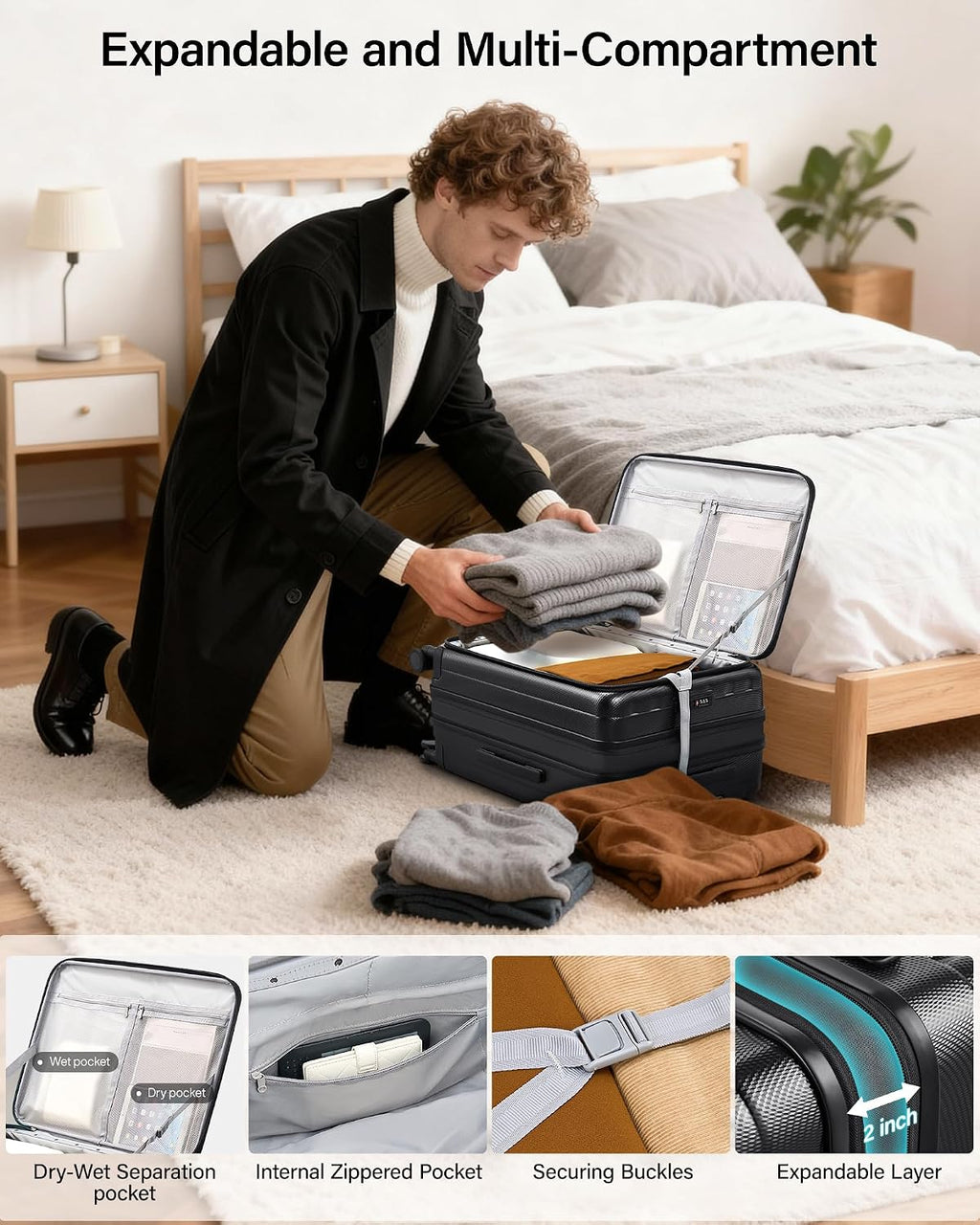 Hanke 24 Inch Expandable Luggage Top Opening Checked Bag Luggage Hard Shell Suitcases with Wheels Lightweight Travel Luggage Medium Suitcase with Lock for Woman Men-Jet Black