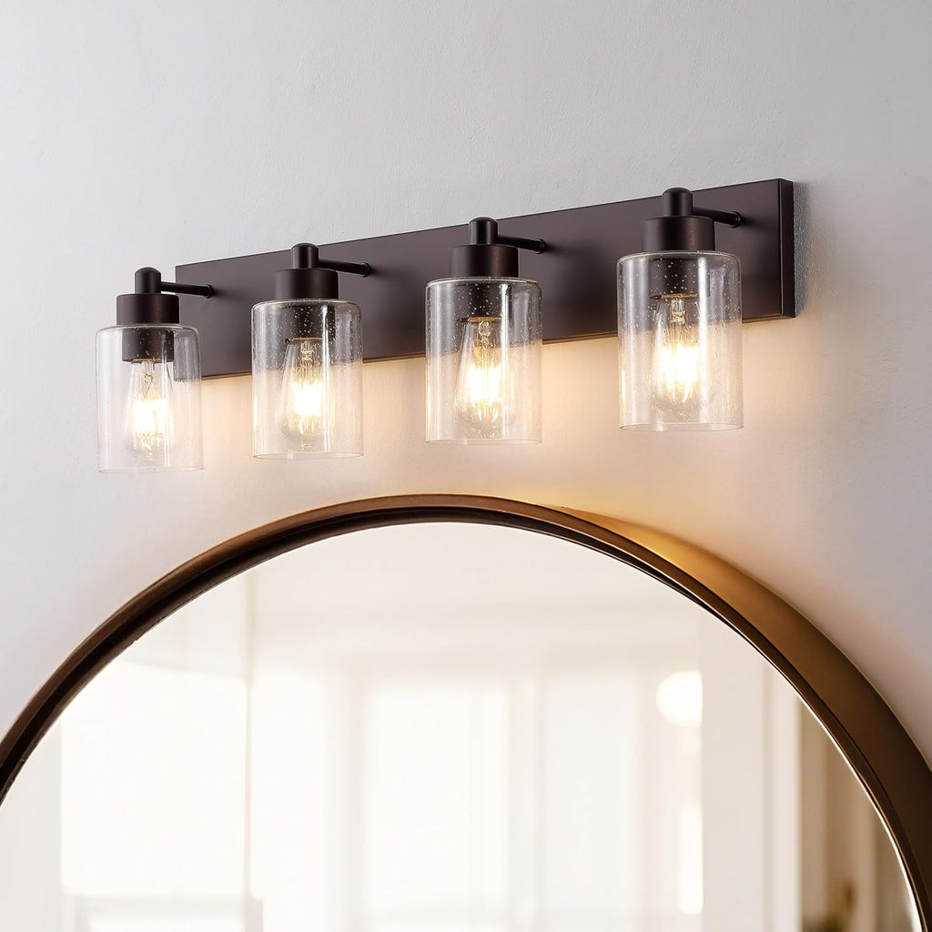 JONATHAN Y 27.75' Oil Rubbed Bronze/Clear 4-Light Modern LED Vanity Light for Bathroom Mirror, Mid-Century Wall Sconce with Clear Seeded Glass Shades, Contemporary Iron Fixture, LED Bulbs (JYL7558E)