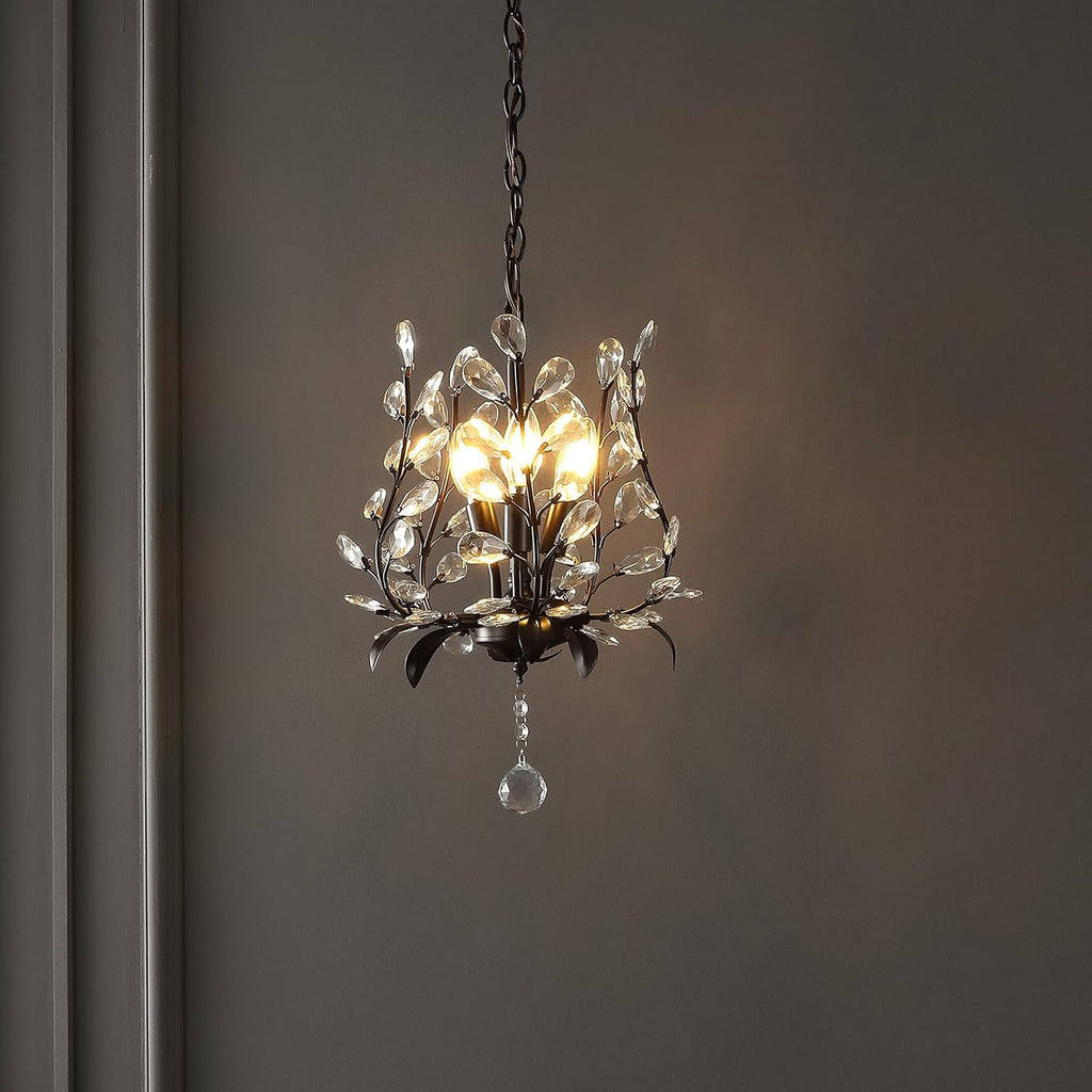 JONATHAN Y 12' Oil Rubbed Bronze 3-Light Bohemian Pendant Light, Vintage LED Branch Ceiling Fixture for Kitchen Island Bedroom Bathroom, Clear Acrylic Crystals JYL9551A
