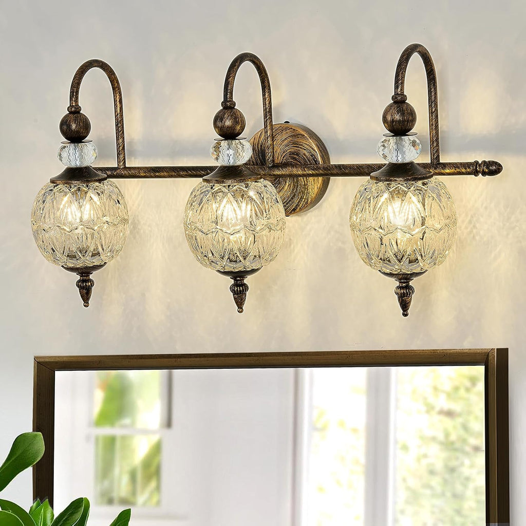 Piepooye Vintage Bathroom Light Fixtures Bronze Vanity Light with Glass Globe LampShade 3 Lights Mid Century G9 Bulb Wall Sconce Indoor Vanity Light Over Mirror for Bedroom Farmhouse Hallway