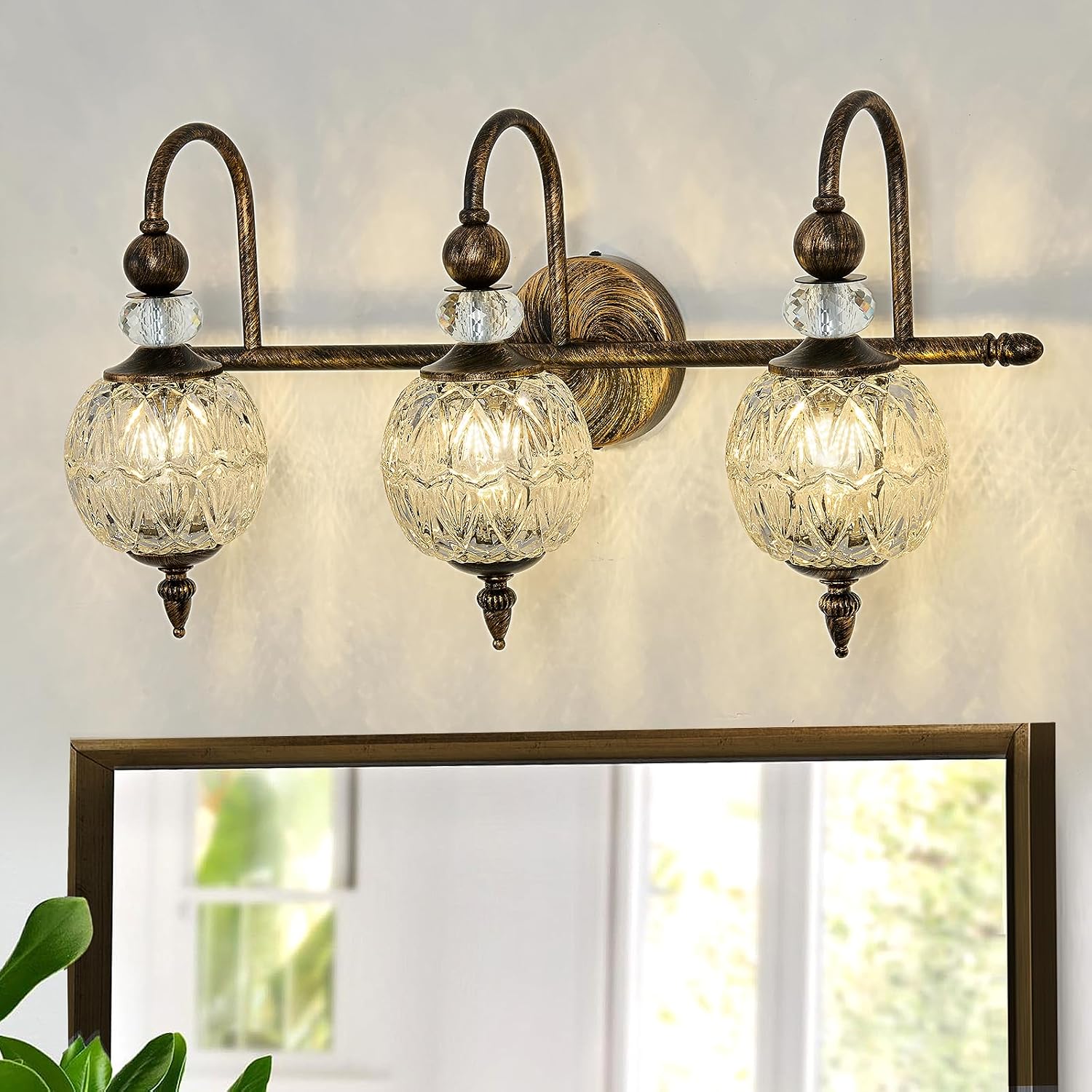 Piepooye Vintage Bathroom Light Fixtures Bronze Vanity Light with Glass Globe LampShade 3 Lights Mid Century G9 Bulb Wall Sconce Indoor Vanity Light Over Mirror for Bedroom Farmhouse Hallway