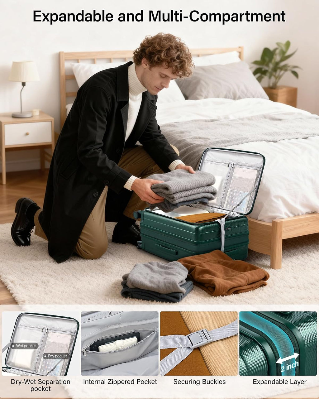 Hanke 24 Inch Expandable Luggage Top Opening Checked Bag Luggage Hard Shell Suitcases with Wheels Lightweight Travel Luggage Medium Suitcase with Lock for Woman Men-Blackish Green