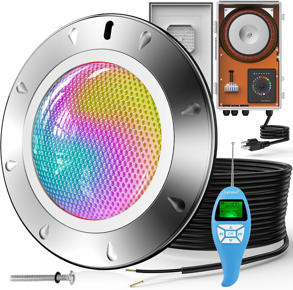 LyLmLe Pool Light for Inground Pools, 65W 12V RGBW LED Multicolor Inground Pool Light with Transformer & Controller, 316 Stainless Steel,14 Color Lights Show Underwater Lights for 10' Niche,100FT Cord