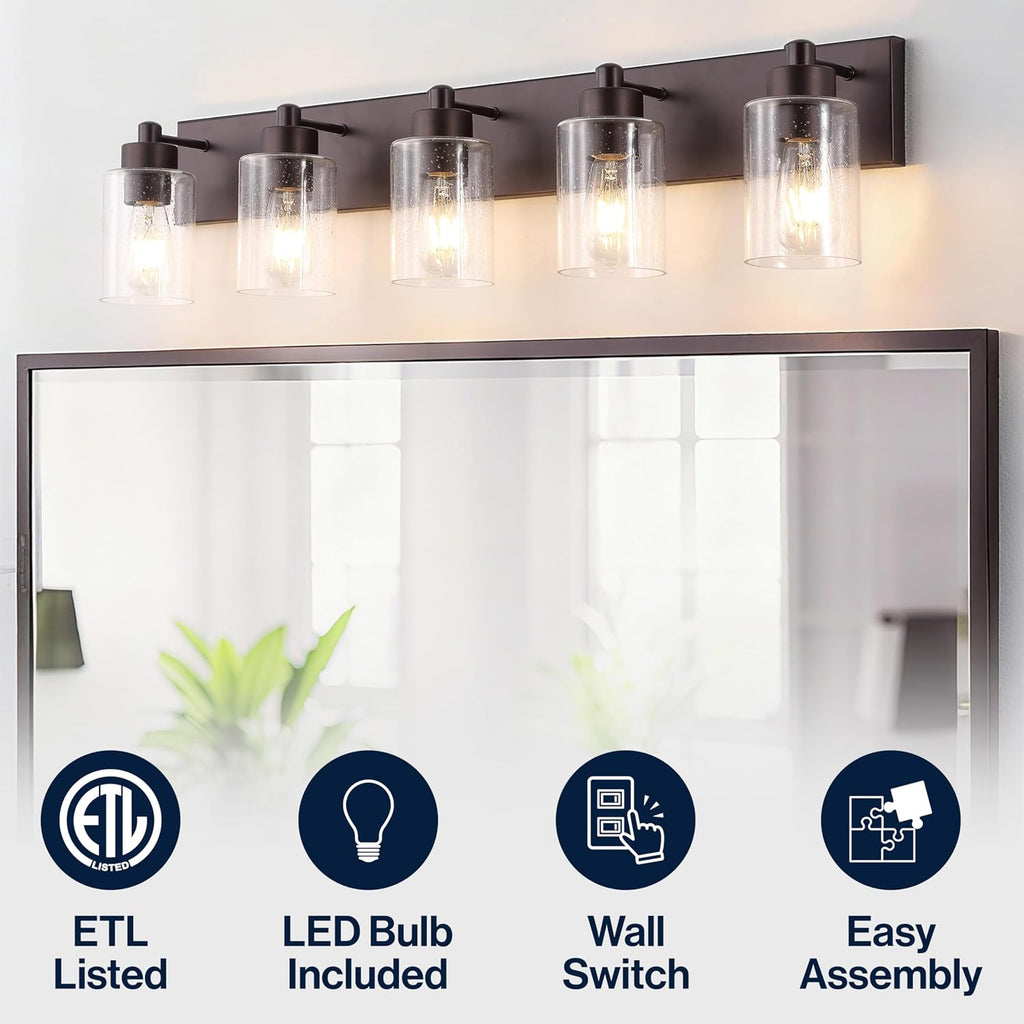 JONATHAN Y 36' Oil Rubbed Bronze/Clear 5-Light Modern LED Vanity Light for Bathroom Mirror, Mid-Century Wall Sconce with Clear Seeded Glass Shades, Contemporary Iron Fixture, LED Bulbs (JYL7620E)