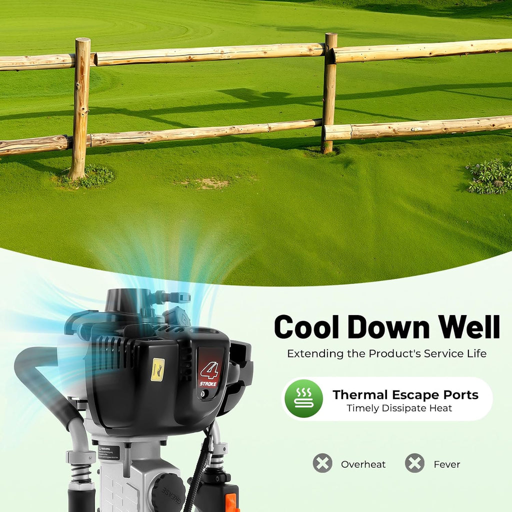 37.7CC 4-Stroke T Post Driver Gas Powered for Metal Post, 1.2KW Pile Driver with Handles, 20-45J Impact Energy for Construction, Garden, Fence, Farm T-Post - Handheld with 2 Pile Heads & Storage Case