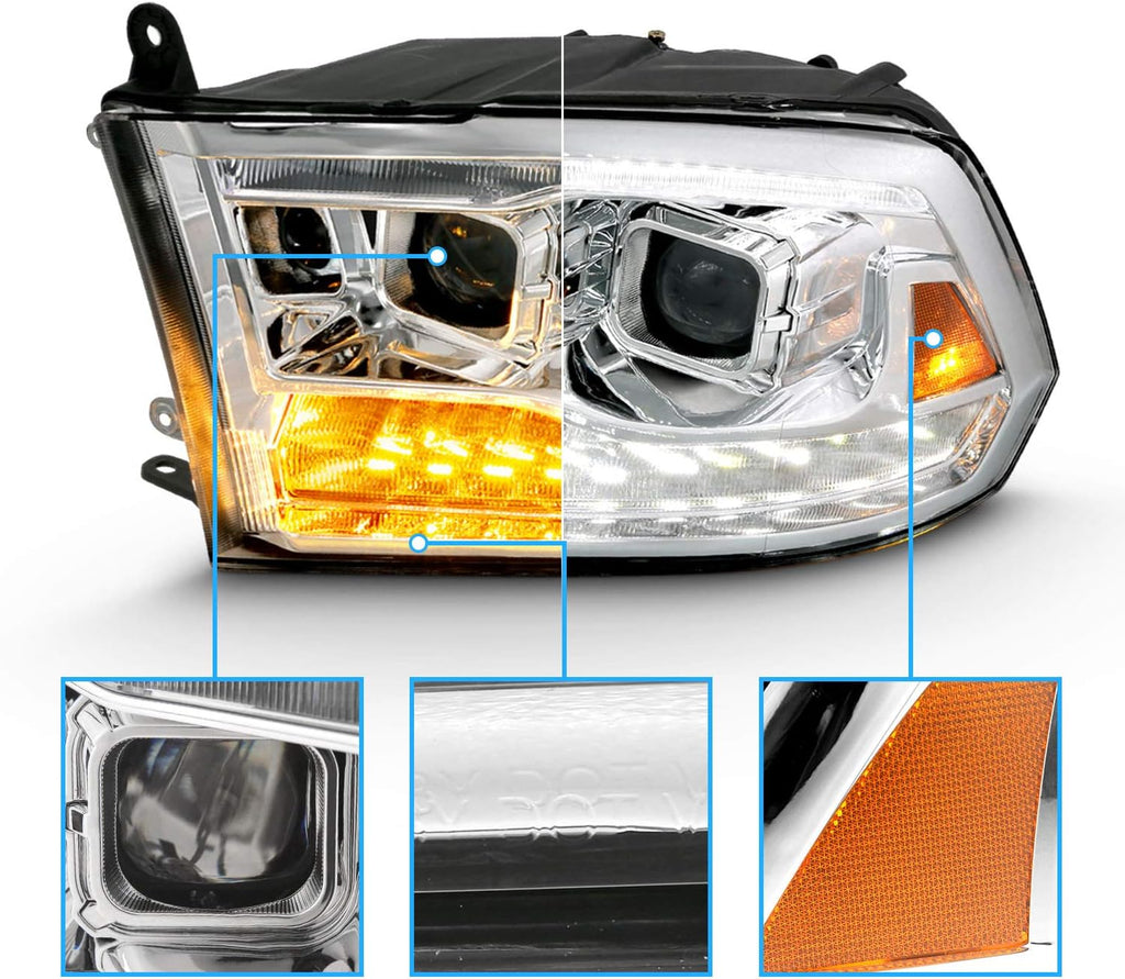 AmeriLite for 2009-2018 Dodge Ram Pickup [Quad/Projector Model] Dual Square Projector Switchback LED Tube Chrome Headlights Assembly Set - Passenger and Driver Side