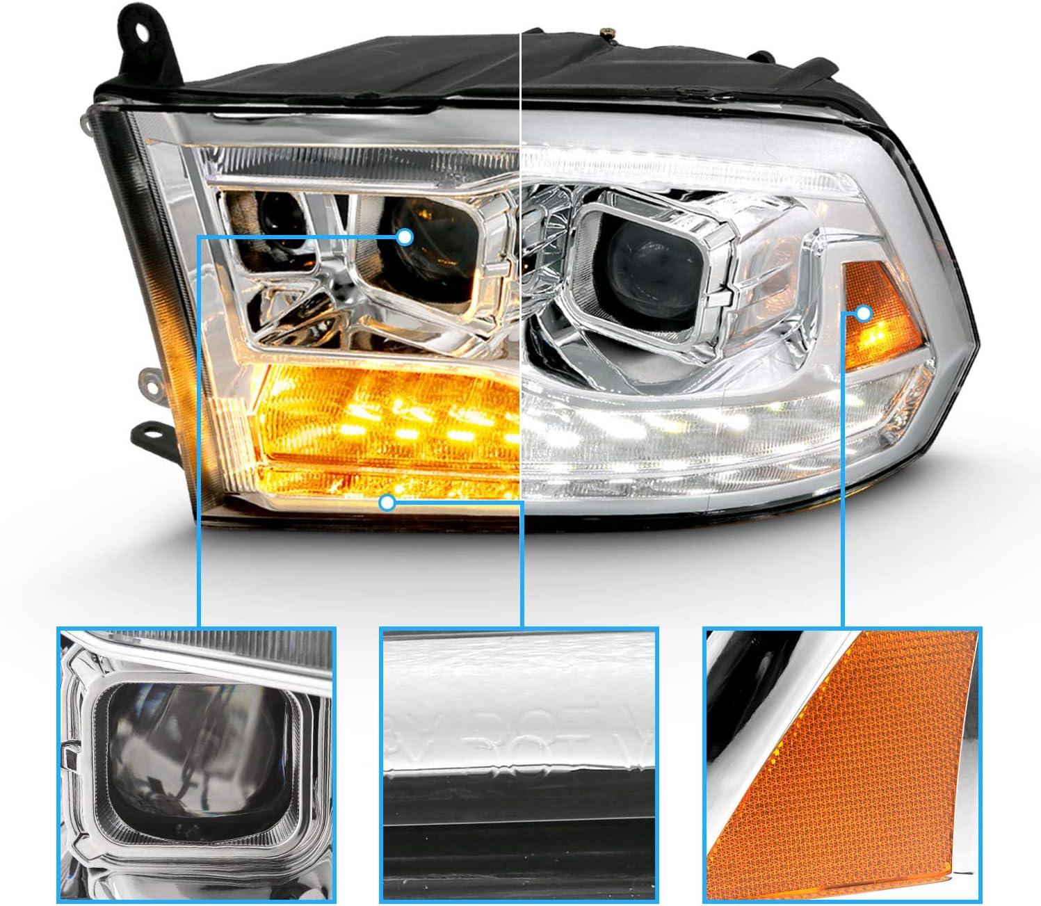 AmeriLite for 2009-2018 Dodge Ram Pickup [Quad/Projector Model] Dual Square Projector Switchback LED Tube Chrome Headlights Assembly Set - Passenger and Driver Side