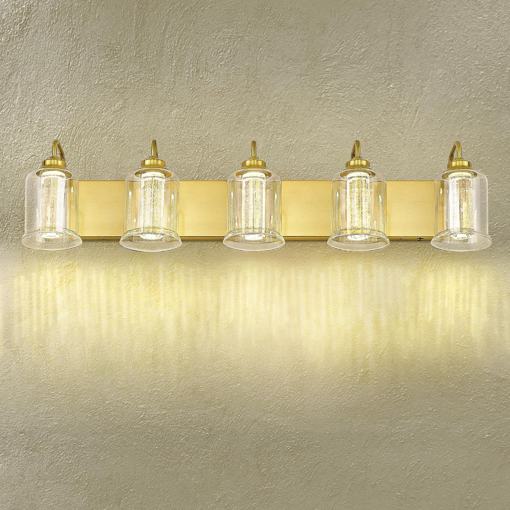 zeyu 5 Light Bathroom Wall Light, 30W Dimmable LED Vanity Lighting with 5 Color Modes, Brushed Gold Finish with Crystal Bubble and Clear Glass, ZSL72B-5W LED BG
