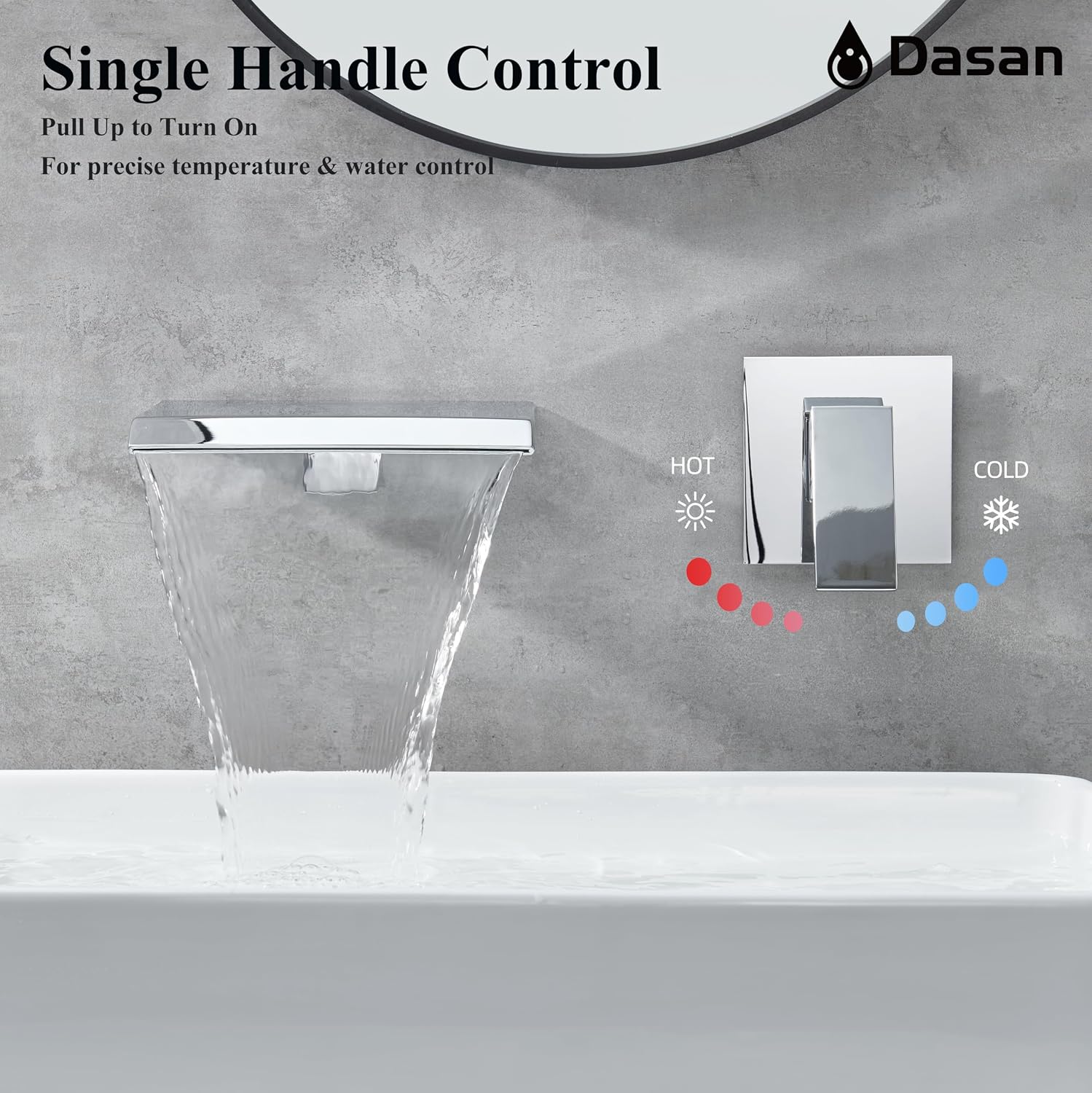 DASAN Wall Mount Waterfall Bathroom Faucet Polished Chrome in Wall Sink Faucet, Single Handle Wall Mounted Modern Faucet for Bathroom with Upgraded Rough in Valve, DA-TFD3CH-NH