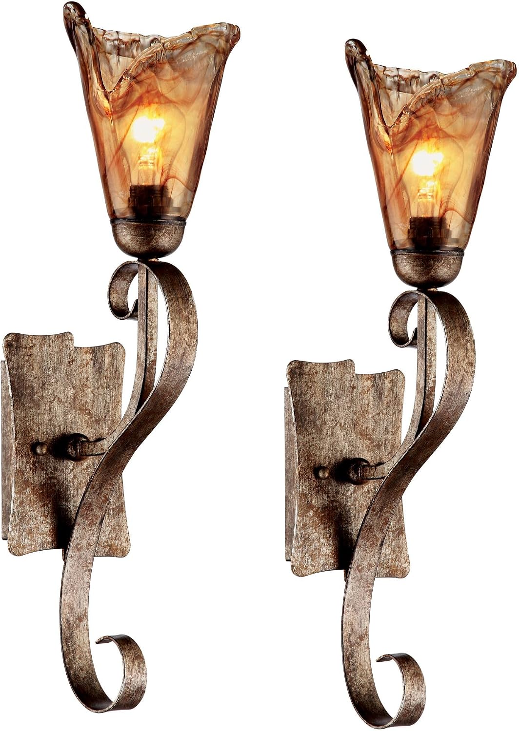 Franklin Iron Works Amber Scroll Rustic Vintage Wall Light Sconces Set of 2 Golden Bronze Metal Hardwired 23 1/2' Fixture Art Glass for Bedroom Bathroom Vanity Living Room Hallway Dining Kitchen