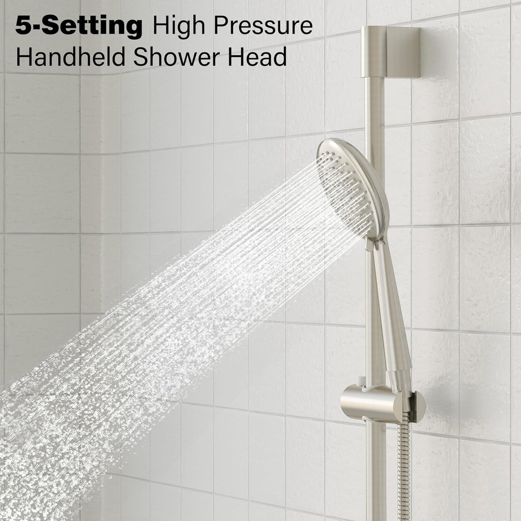 Gabrylly Shower System, Slide Bar Shower Faucet Set with High Pressure 10' Rain Shower Head and 5-Setting Handheld Spray, 2-Way Shower Valve Kit, Brushed Nickel