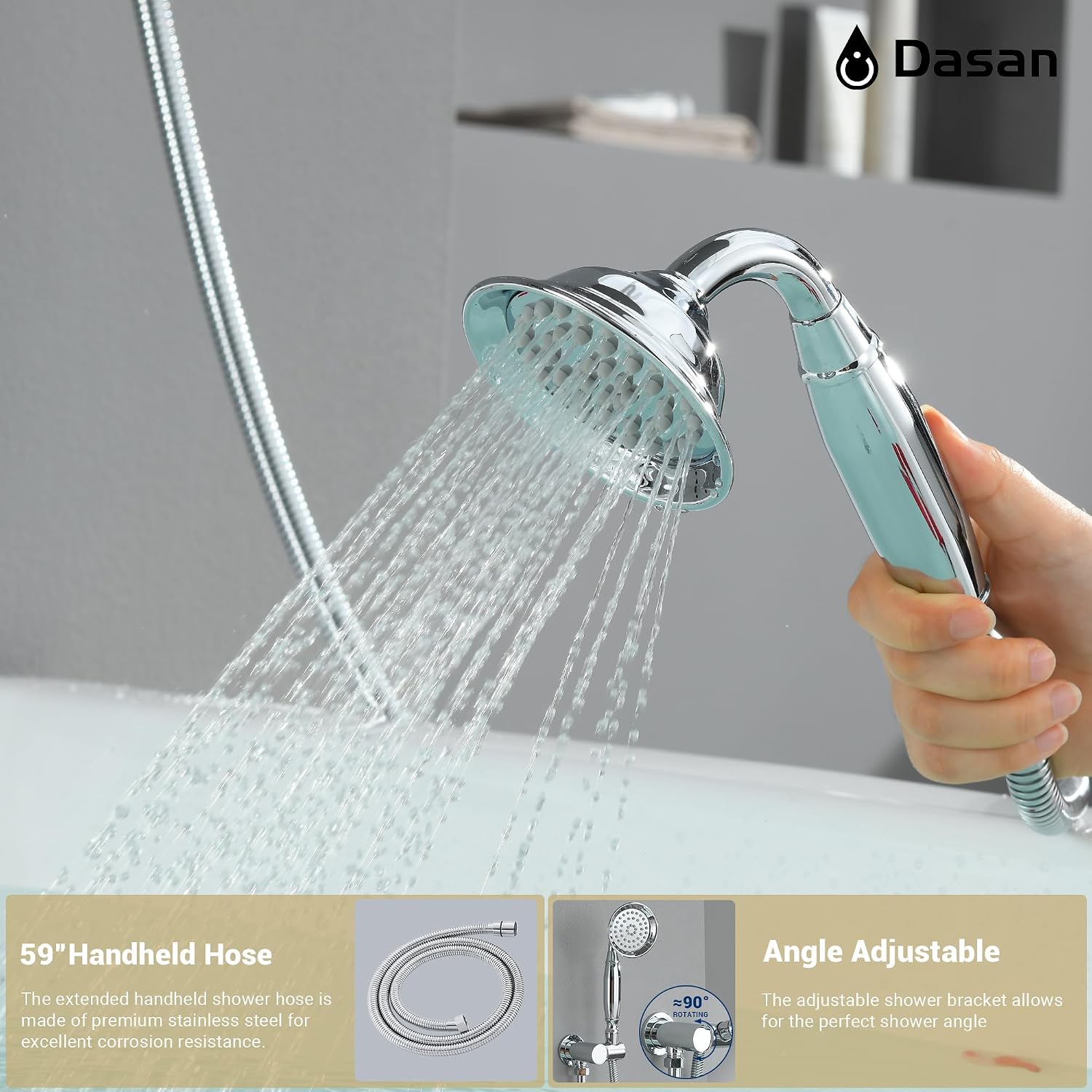 DASAN Shower System with Tub Spout, Chrome Tub and Shower Faucet Combo Set with Valve & Trim Kit Bathtub Shower Faucet Set Bathtub Shower System with Rainfall Shower Head & Handheld, AT309W-PC