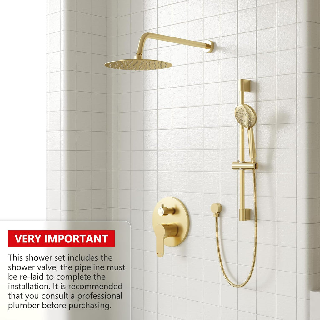 Gabrylly Shower System Gold, Slide Bar Shower Faucet Set with High Pressure 10' Rain Head and 5-Setting Handheld Spray, 2 Way Pressure Balance Valve with Trim Kit, Brushed Gold