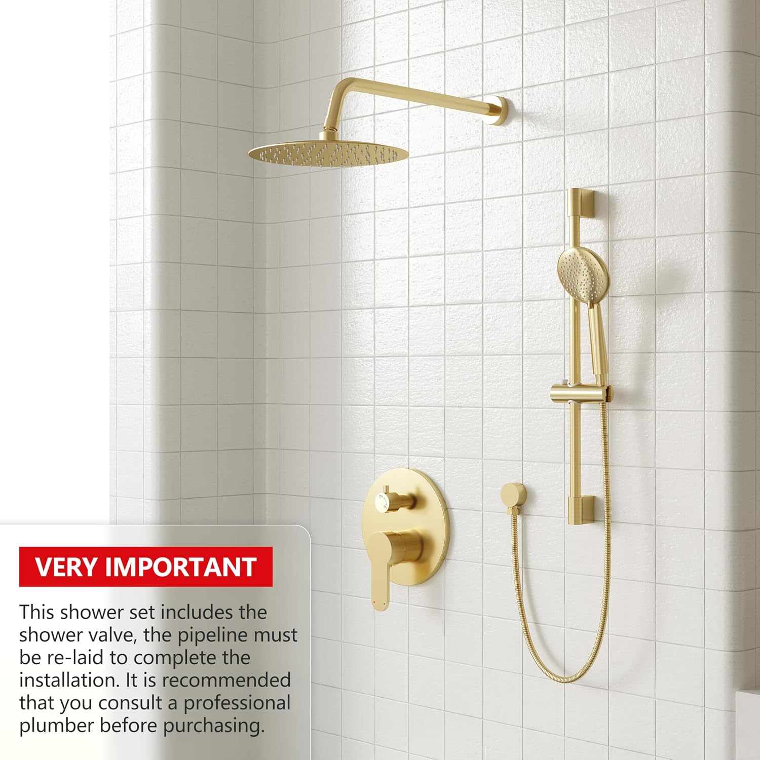 Gabrylly Shower System Gold, Slide Bar Shower Faucet Set with High Pressure 10' Rain Head and 5-Setting Handheld Spray, 2 Way Pressure Balance Valve with Trim Kit, Brushed Gold