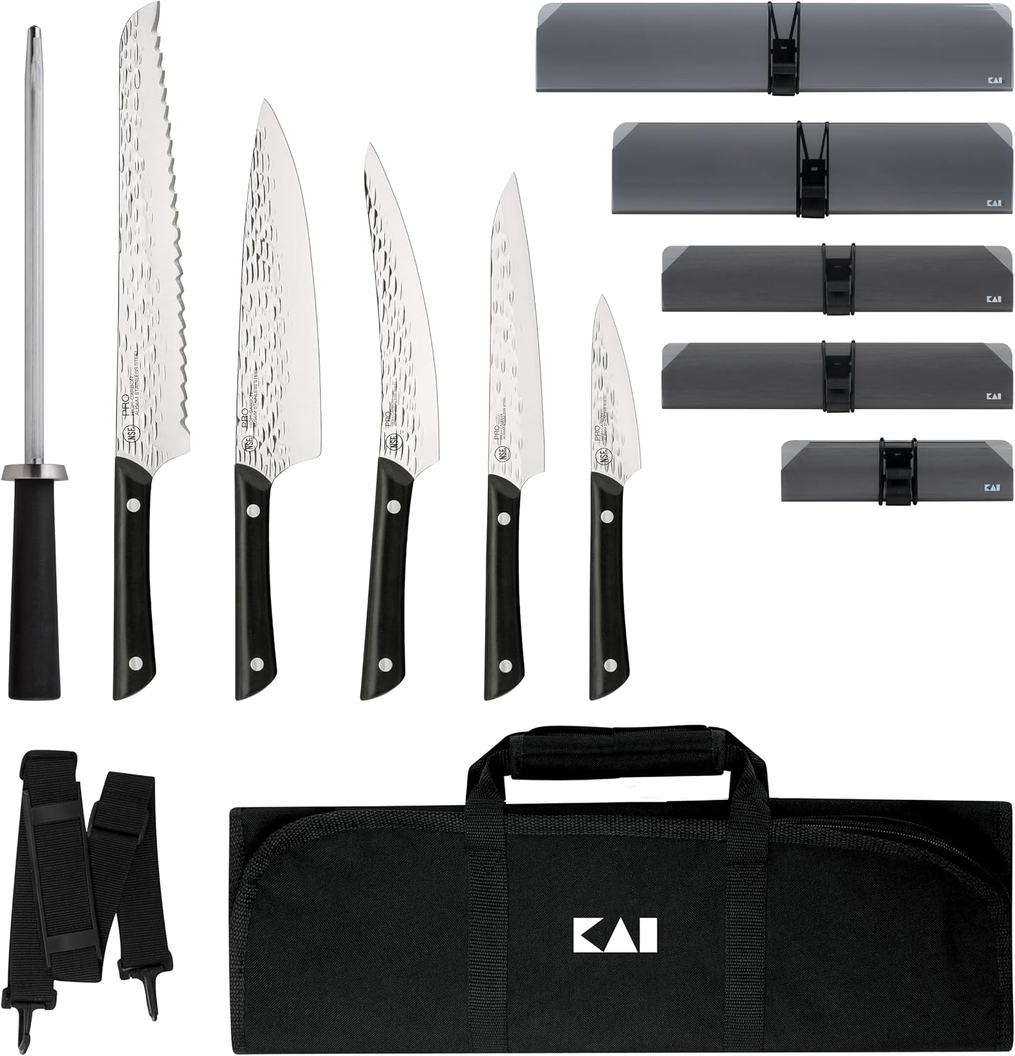 Kai PRO 7 Piece Culinary Knife Set, Includes 8' Chef, 3.5' Paring, 6' Utility, 6.5' Boning & Fillet, 9' Bread Knives, Combination Honing Steel, 5 Blade Guards and Knife Roll