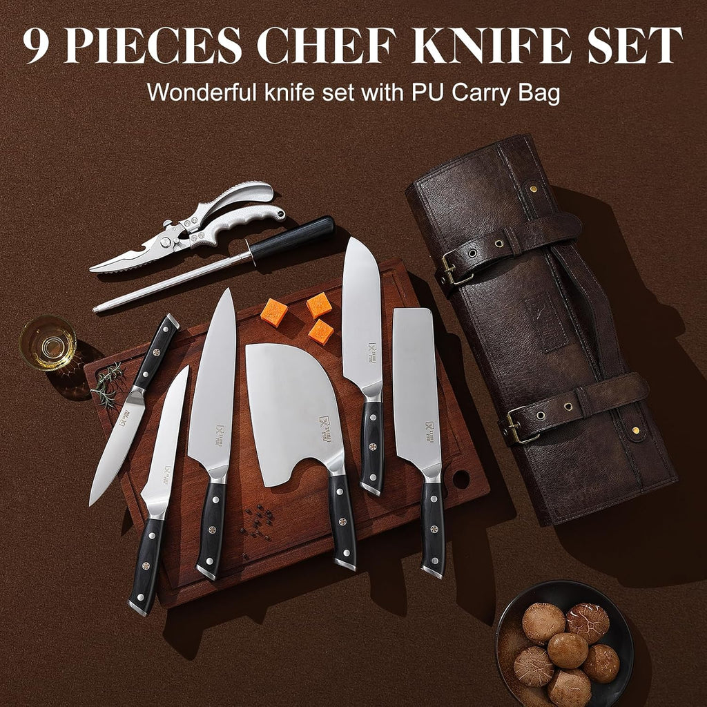 Chef Knife Set, Meat Boning Carving Cleaver Butcher Knife, High Carbon Steel Japan Nakiri Santoku Knife Set with Accessories for Kitchen, BBQ Camping Knives Set with Bag