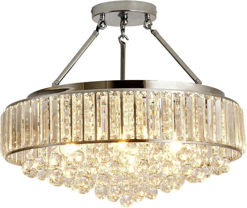 YYJLX 6 Light Modern Large Round Crystal Chandelier Chrome Semi Flush Mount Ceiling Light Fixtures E26 Ceiling Lamp for Dining Room Living Room Laundry Room Foyer Kitchen Balcony Bedroom(Silver).