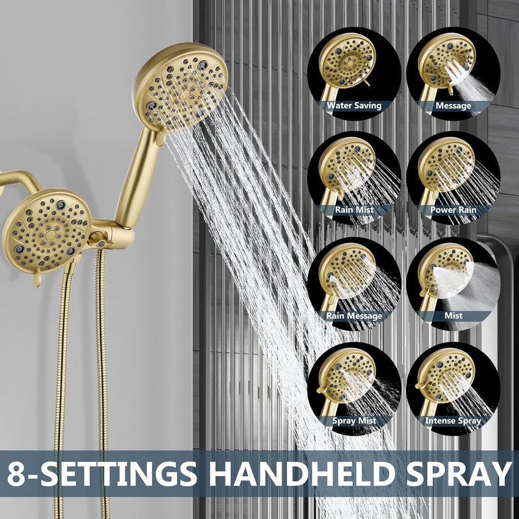 Aolemi Shower Faucet Set with Tub Spout Rain Shower Head System Shower Trim Kit Pressure Rough-in Valve Included ABS 8 Setting Dual Shower Head and Handheld Spray Brushed Gold