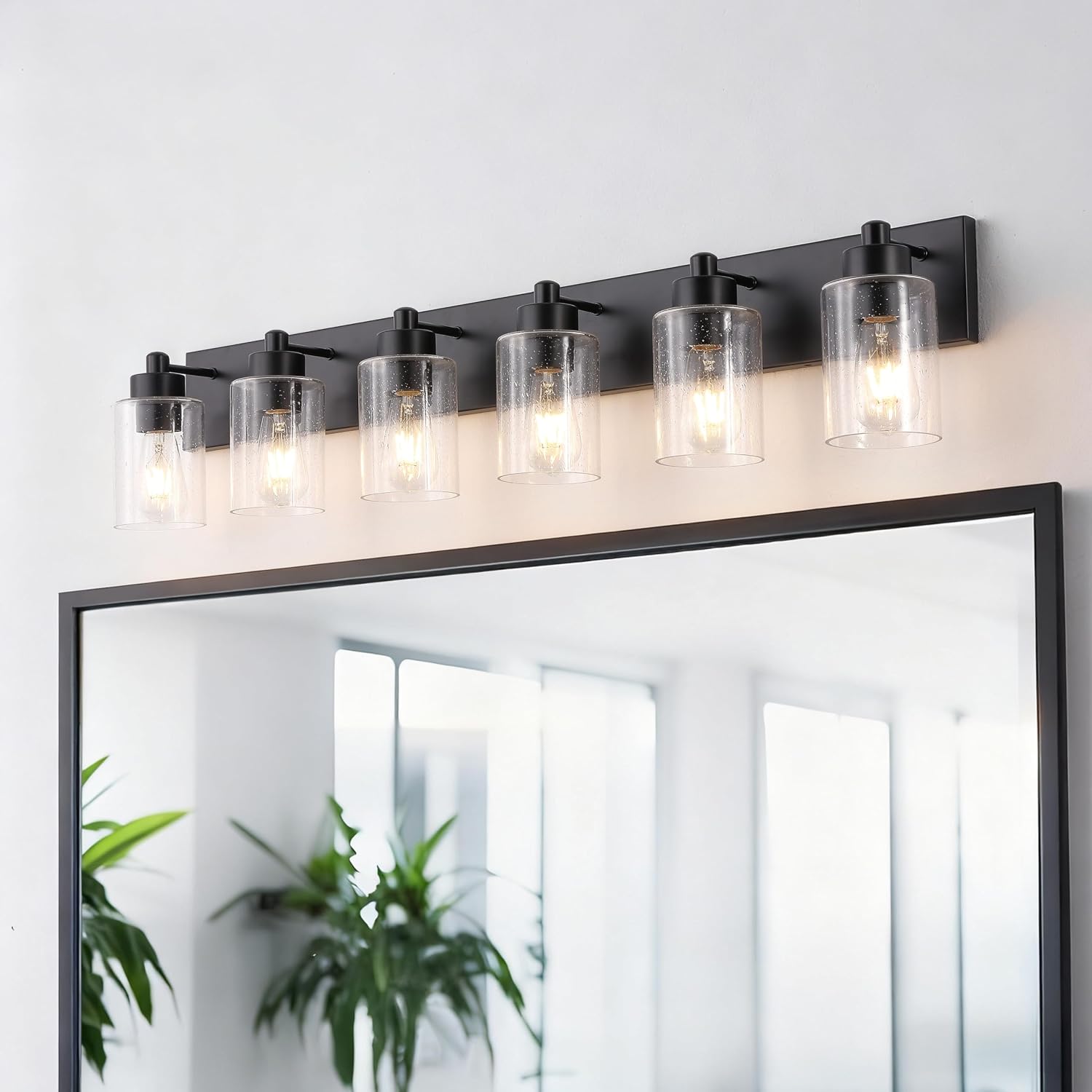 JONATHAN Y 40' Black/Clear 6-Light Modern LED Vanity Light for Bathroom Mirror, Mid-Century Wall Sconce with Clear Seeded Glass Shades, Contemporary Iron Fixture, LED Bulbs (JYL7621B)
