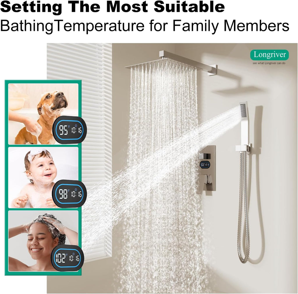 Shower Faucet Set with Hydro Power Temperature Display, Shower System Bathroom 10 Inches Shower Head with Handheld Spray, Wall Mounted Shower Fixtures with Shower Valve and Trim Kit, Brushed Nickel