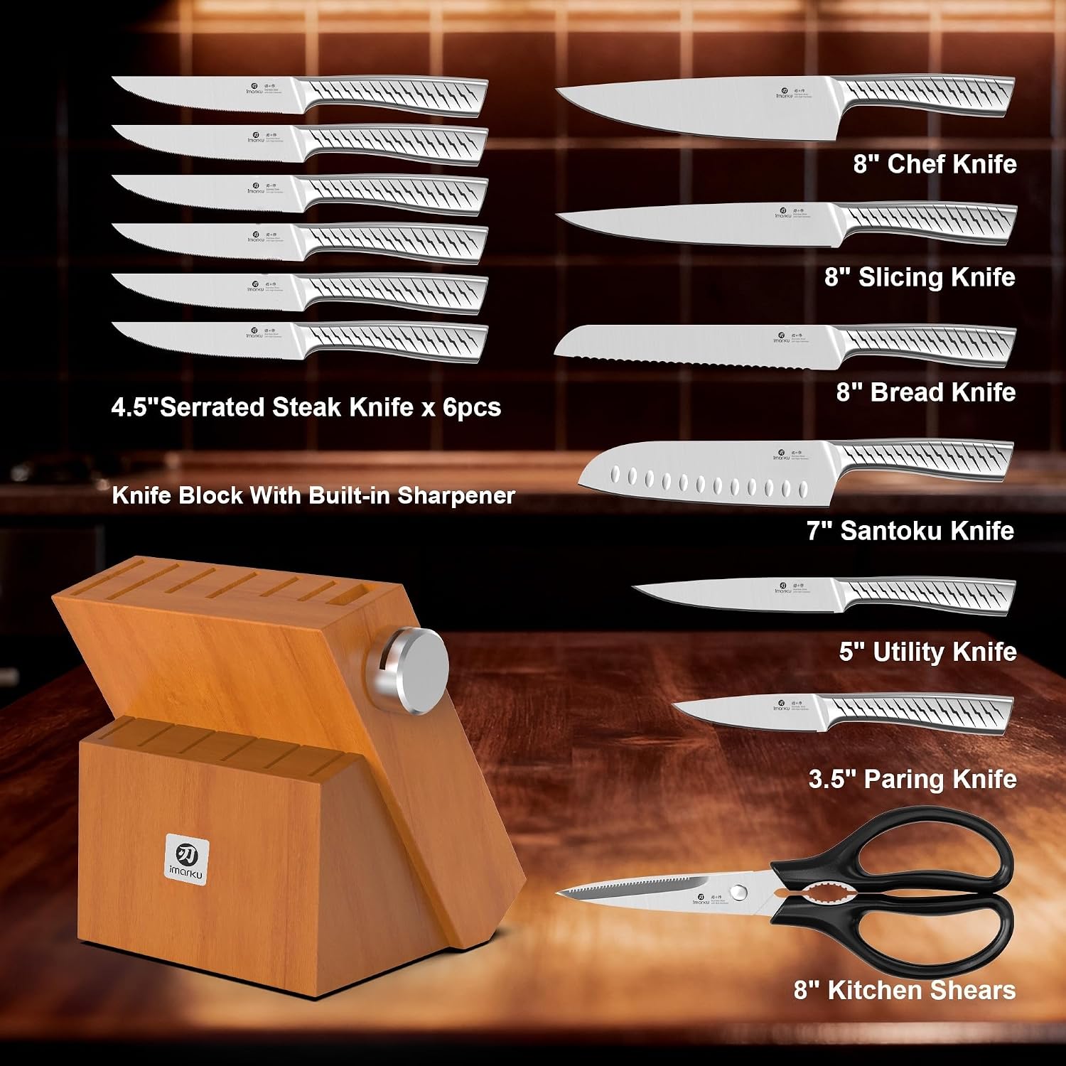 imarku 14-Piece Knife Set with Block, One Set for Meat, Fish, Veggies & Bread, Glides Through Every Cut, High Carbon Stainless Steel with Built-in Sharpener, Dishwasher Safe,Ergonomic Non-Slip Handle