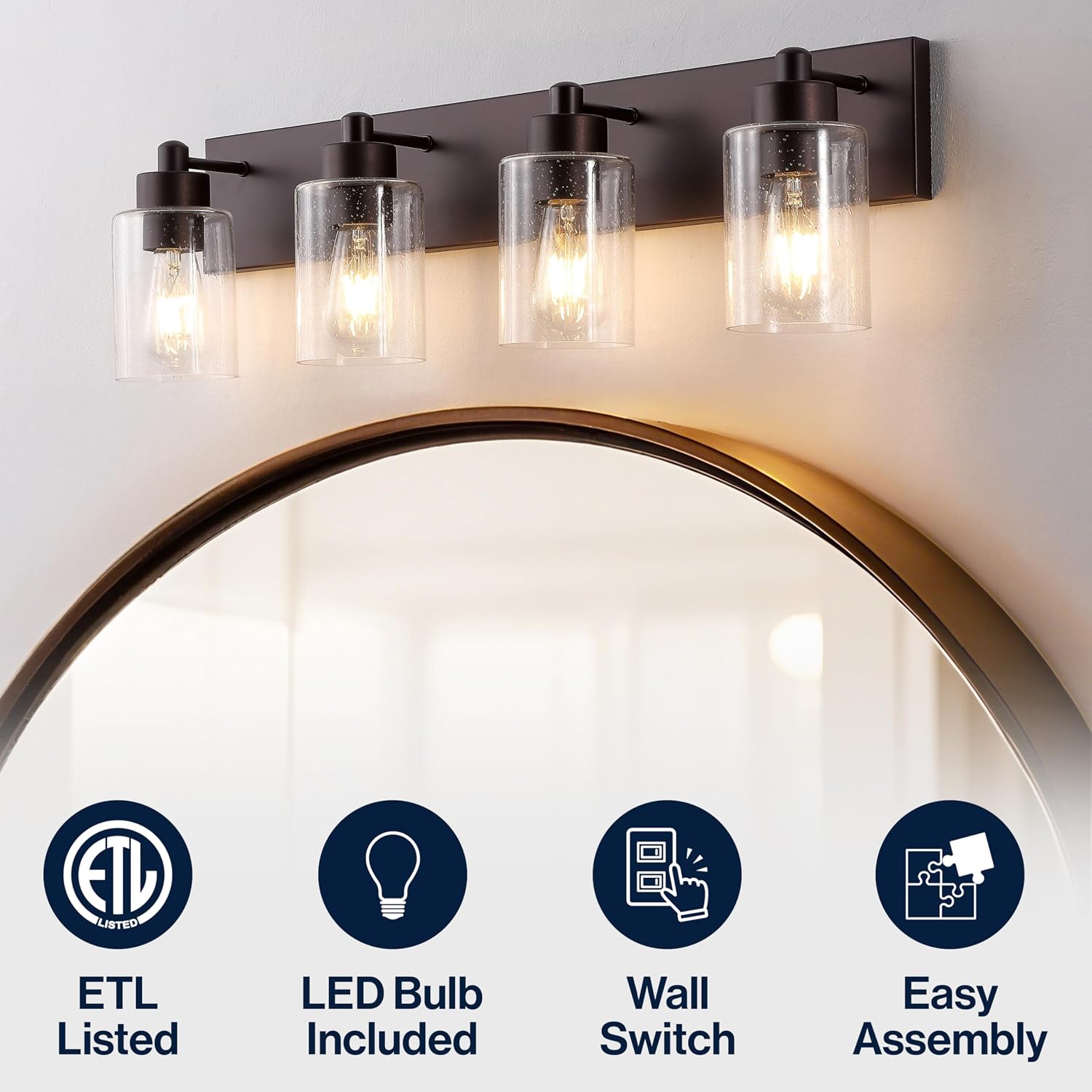 JONATHAN Y 27.75' Oil Rubbed Bronze/Clear 4-Light Modern LED Vanity Light for Bathroom Mirror, Mid-Century Wall Sconce with Clear Seeded Glass Shades, Contemporary Iron Fixture, LED Bulbs (JYL7558E)