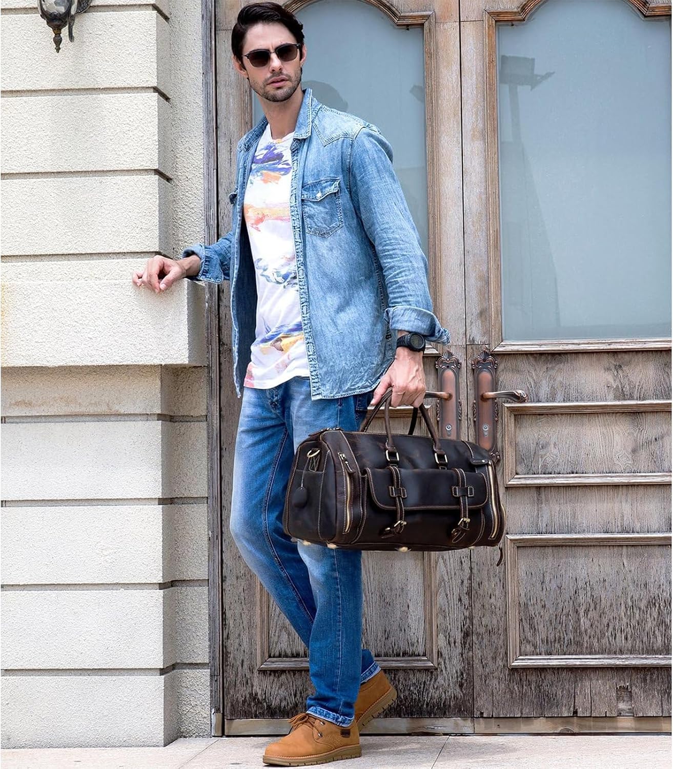 LUUFAN Full-grain Genuine Leather Travel Bag Large Capacity Duffel Luggage Bag with Shoe Compartment, Men Women Shoulder Handbag for Weekend Holiday Business Trip
