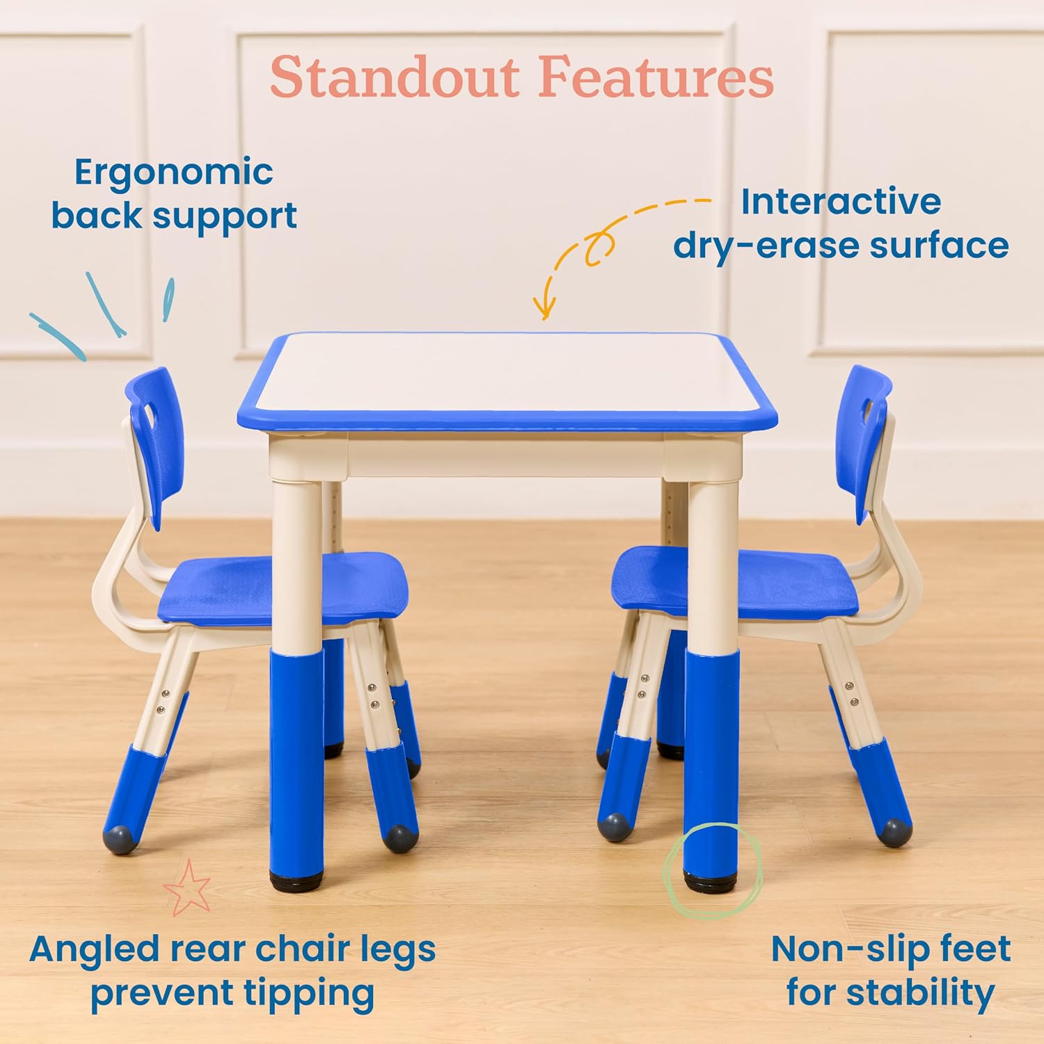 ECR4Kids Dry-Erase Square Activity Table with 2 Chairs, Adjustable, Kids Furniture, Blue, 3-Piece